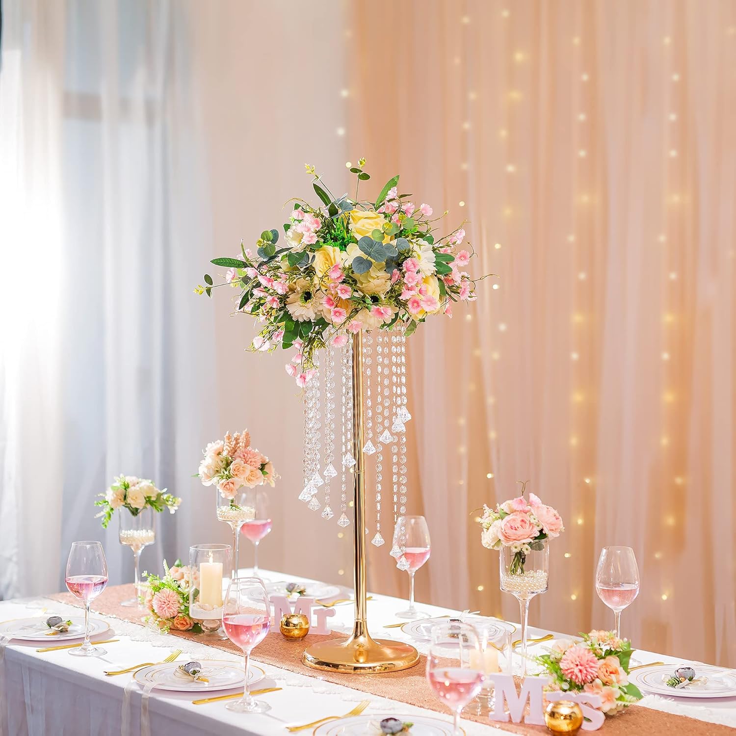 Nuptio 2 centros de mesa de boda de 27.6 pulgadas de alto, jarrones dorados, jarrón de flores de cristal, soporte de flores de metal para decoración