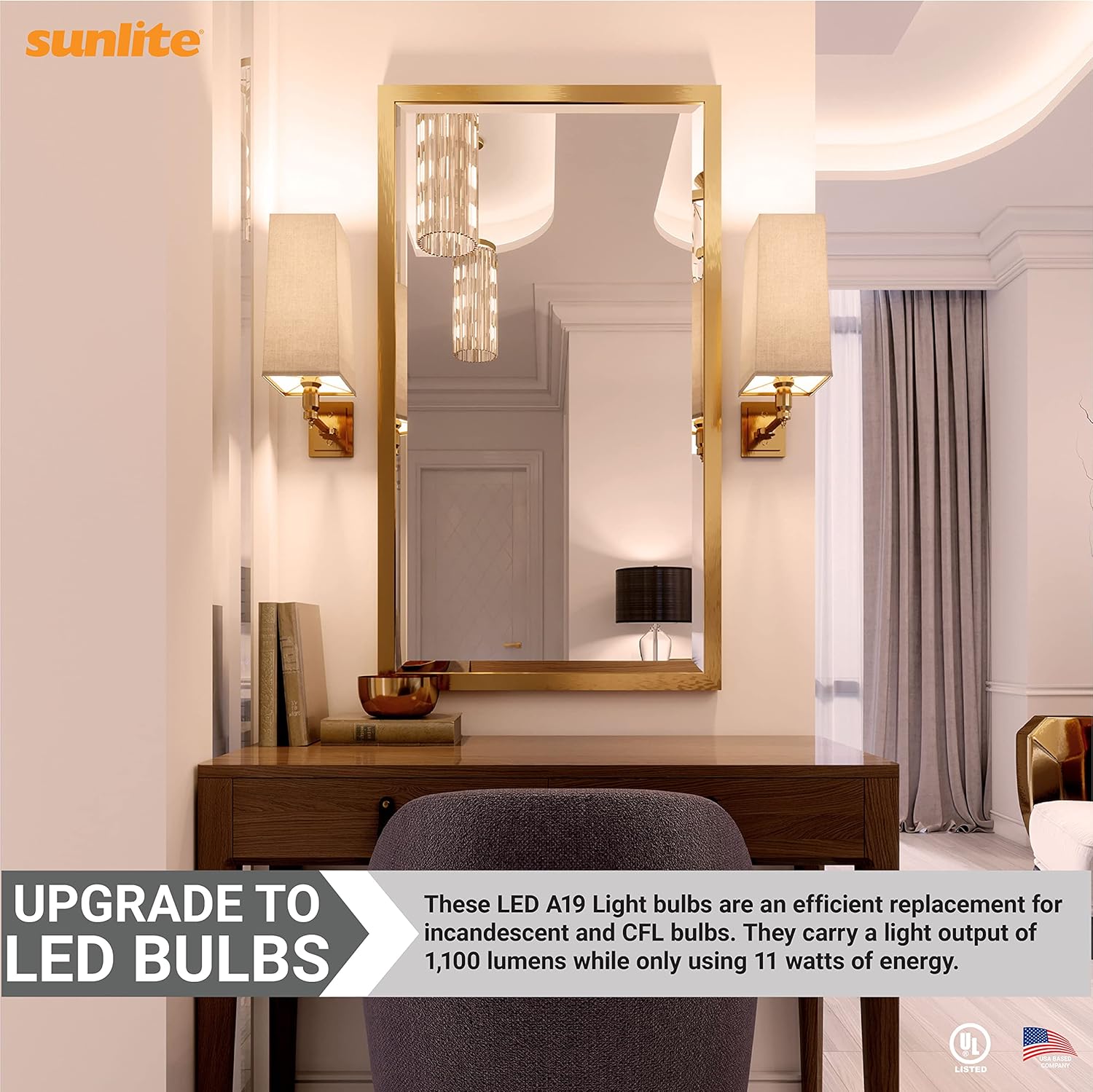 Sunlite 41804-SU – Bombilla LED A19, no regulable, 11 W (equivalente a 75 W), 1100 lúmenes, base mediana (E26), certificación UL, 2700 K blanco