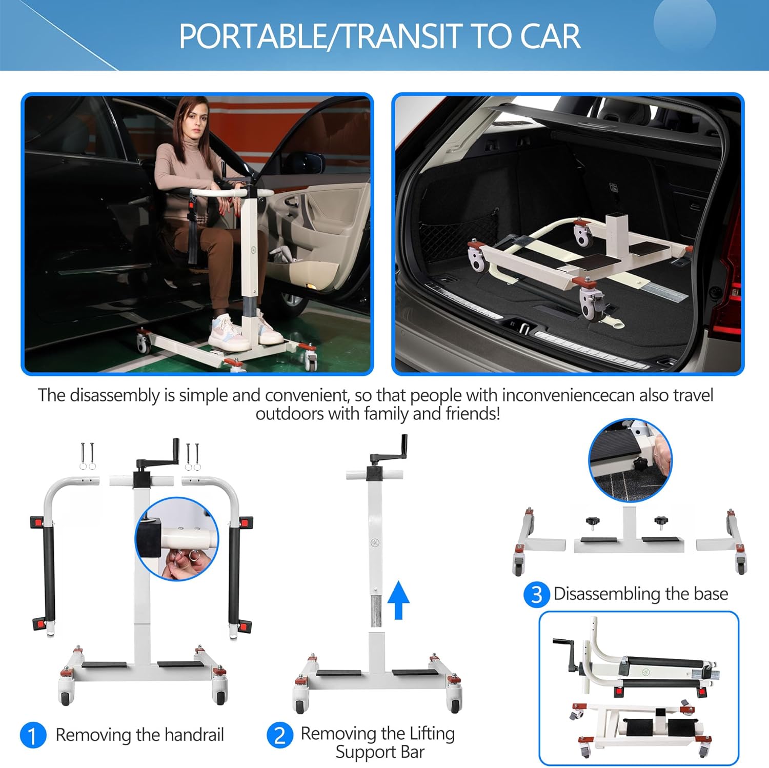 Silla de transferencia de paciente, elevador de paciente para el hogar, silla de ruedas portátil de transferencia de automóvil, ayuda de