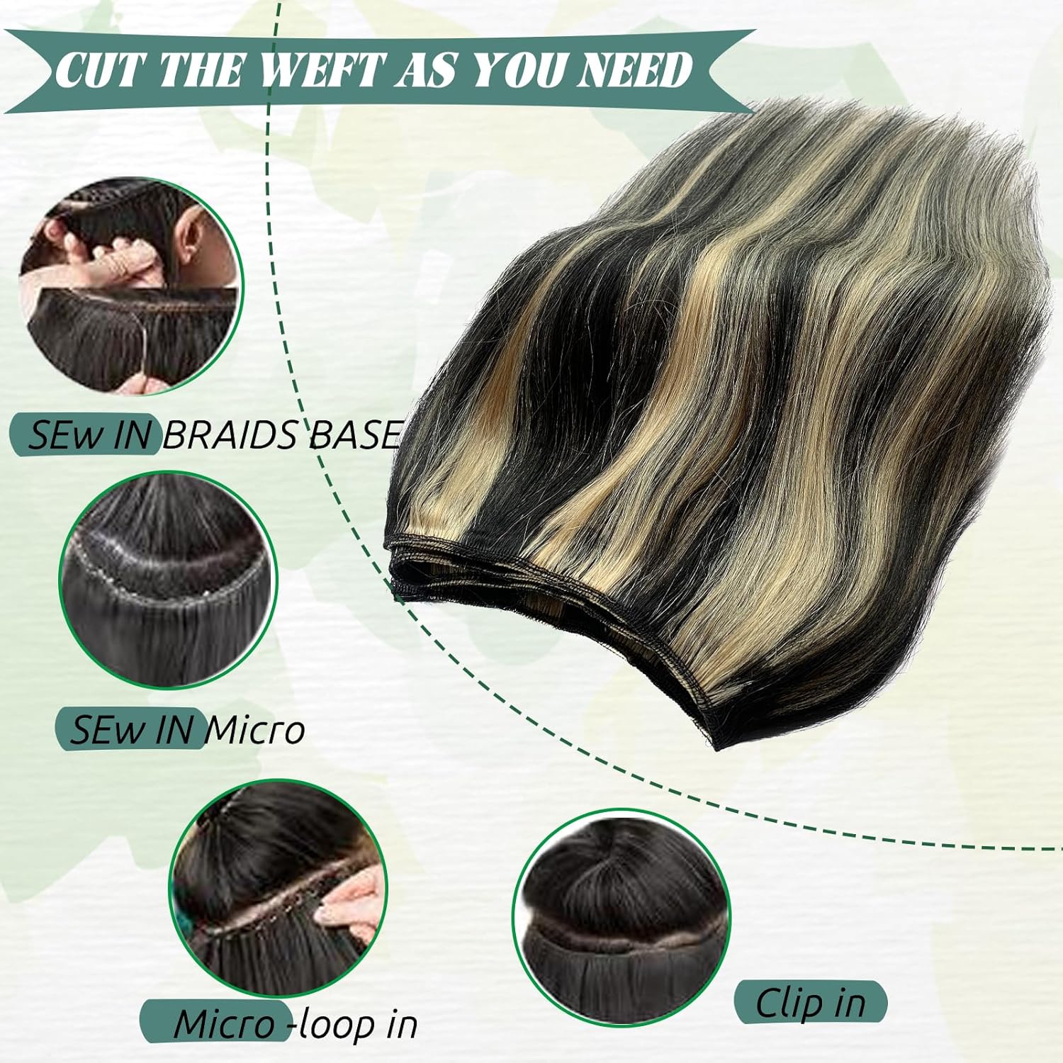 Smavida Extensiones de cabello humano real para coser, balayage, mezcla de negro y rubio decolorado, extensiones de cabello humano lacio para mujer,
