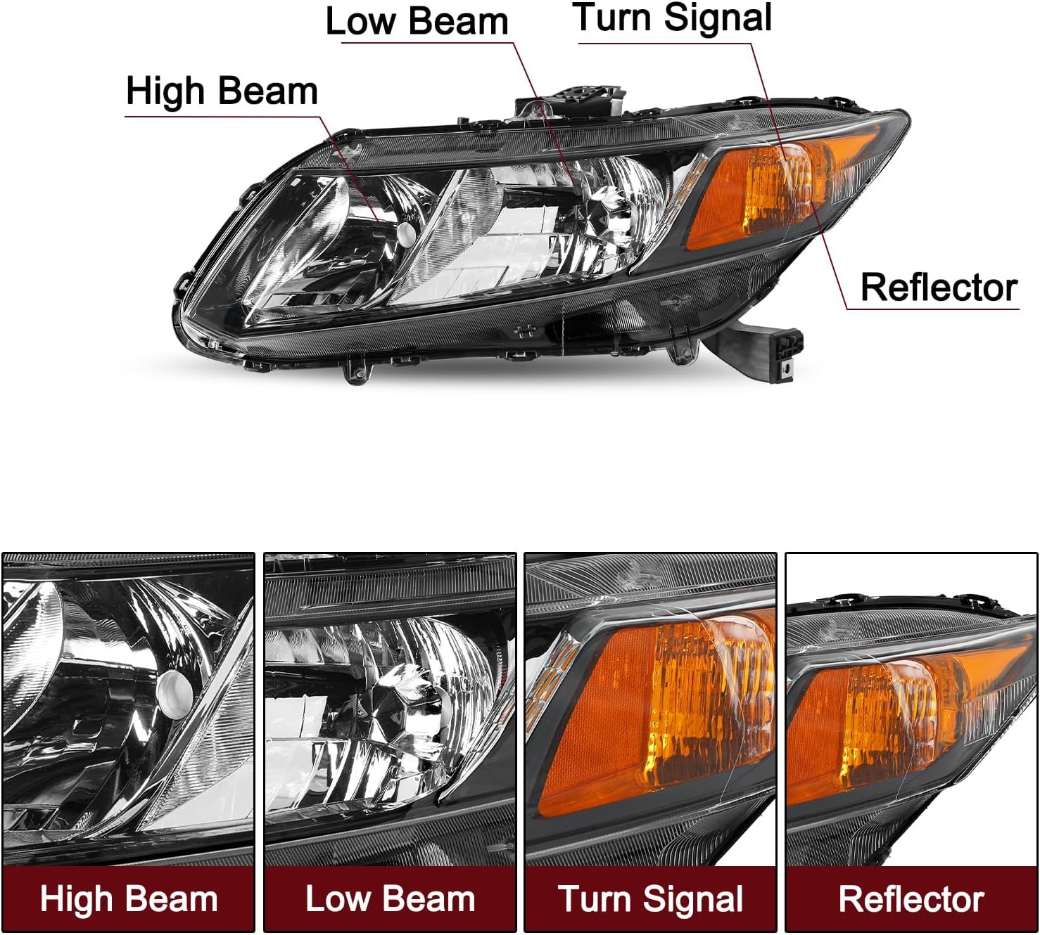 JSBOYAT Conjunto de faros delanteros para Honda Civic 4Dr Sedan 2012-2015  2012-2013 Honda Civic 2Dr Coupe OE Style (Faro izquierdo del conductor)