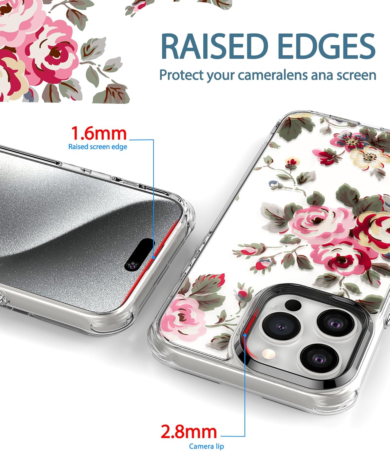 Feitenn Funda para iPhone 15 Pro Max, policarbonato transparente + TPU suave a prueba de golpes, diseño de flores Beatuy Design Case con protector