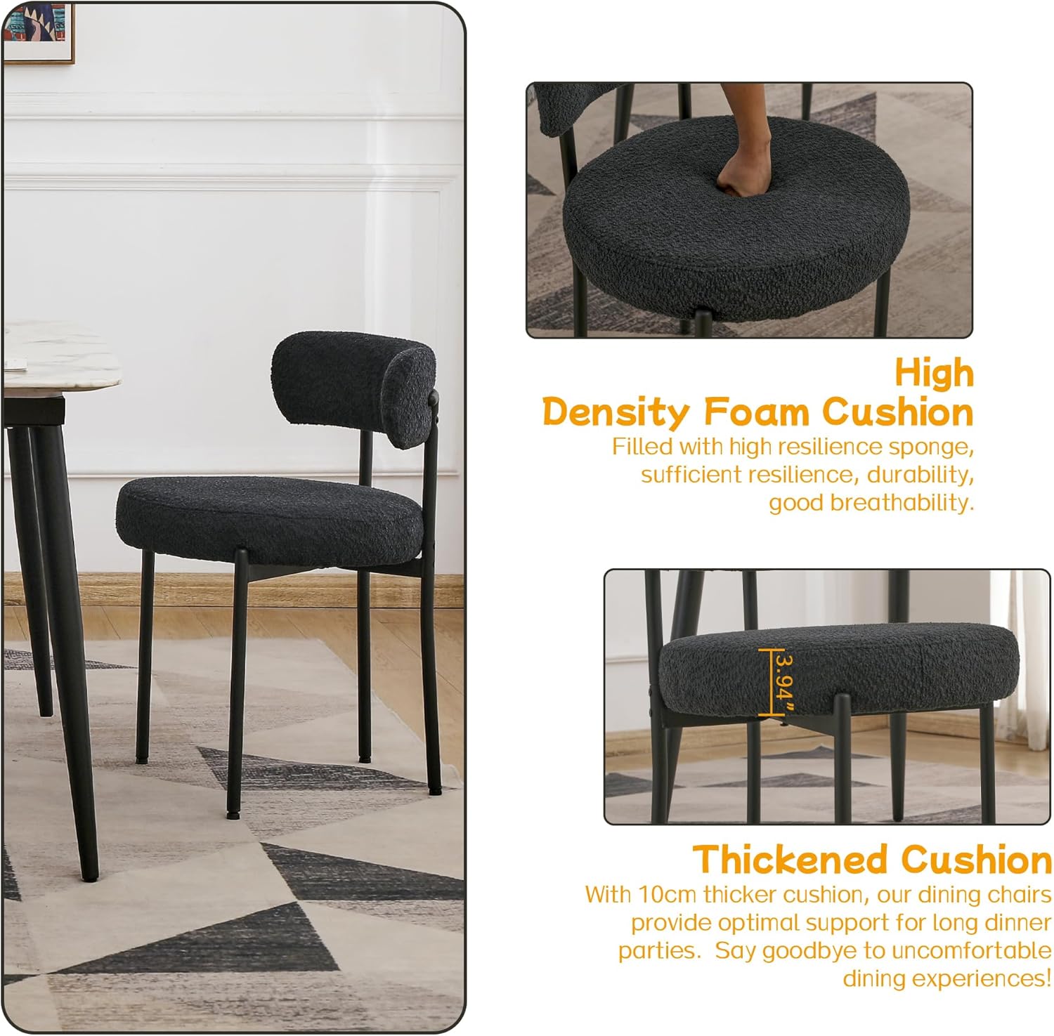 EDWELL Sillas de comedor, juego de 2 sillas de comedor negras, sillas de cocina modernas de mediados de siglo con patas de metal, sillas redondas