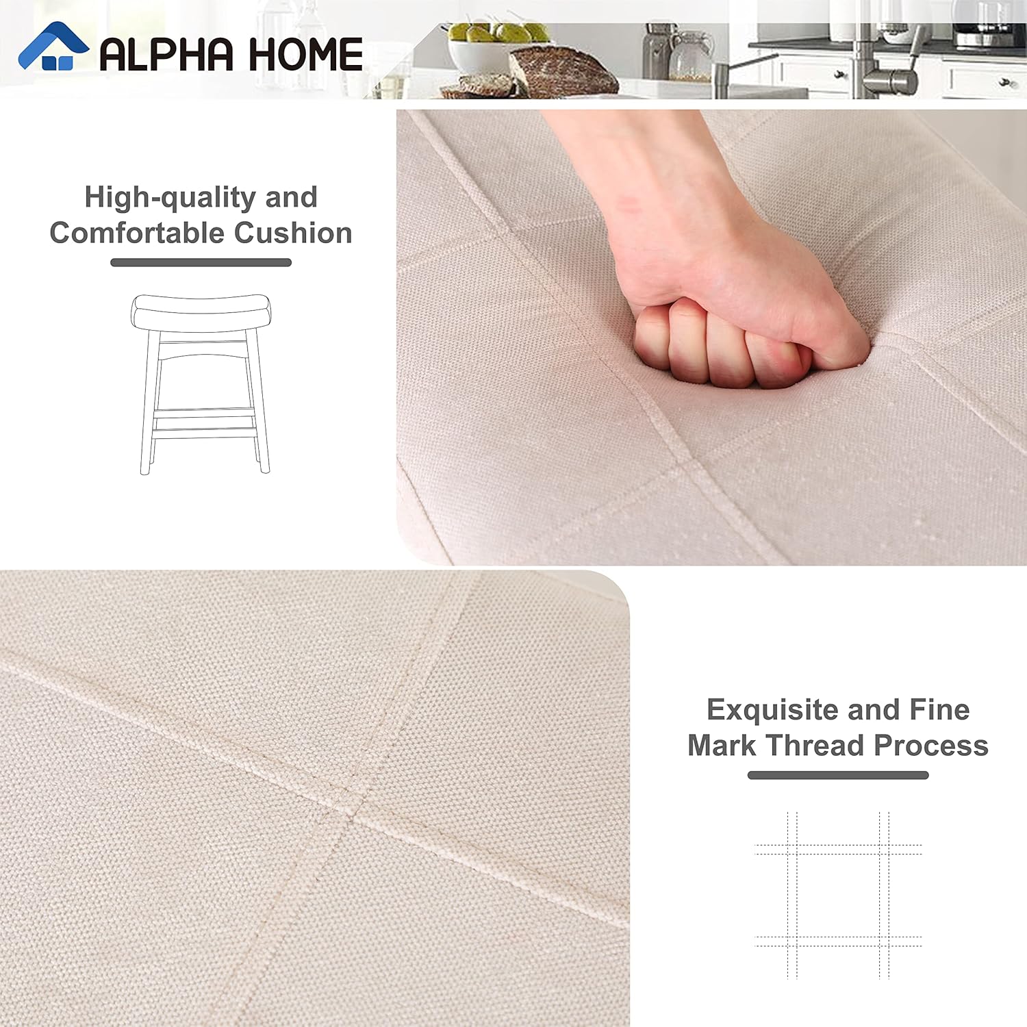 ALPHA HOME Juego de 3 taburetes de bar, taburetes de cocina de madera maciza con cojín de tela de lino beige, taburetes de bar de altura de