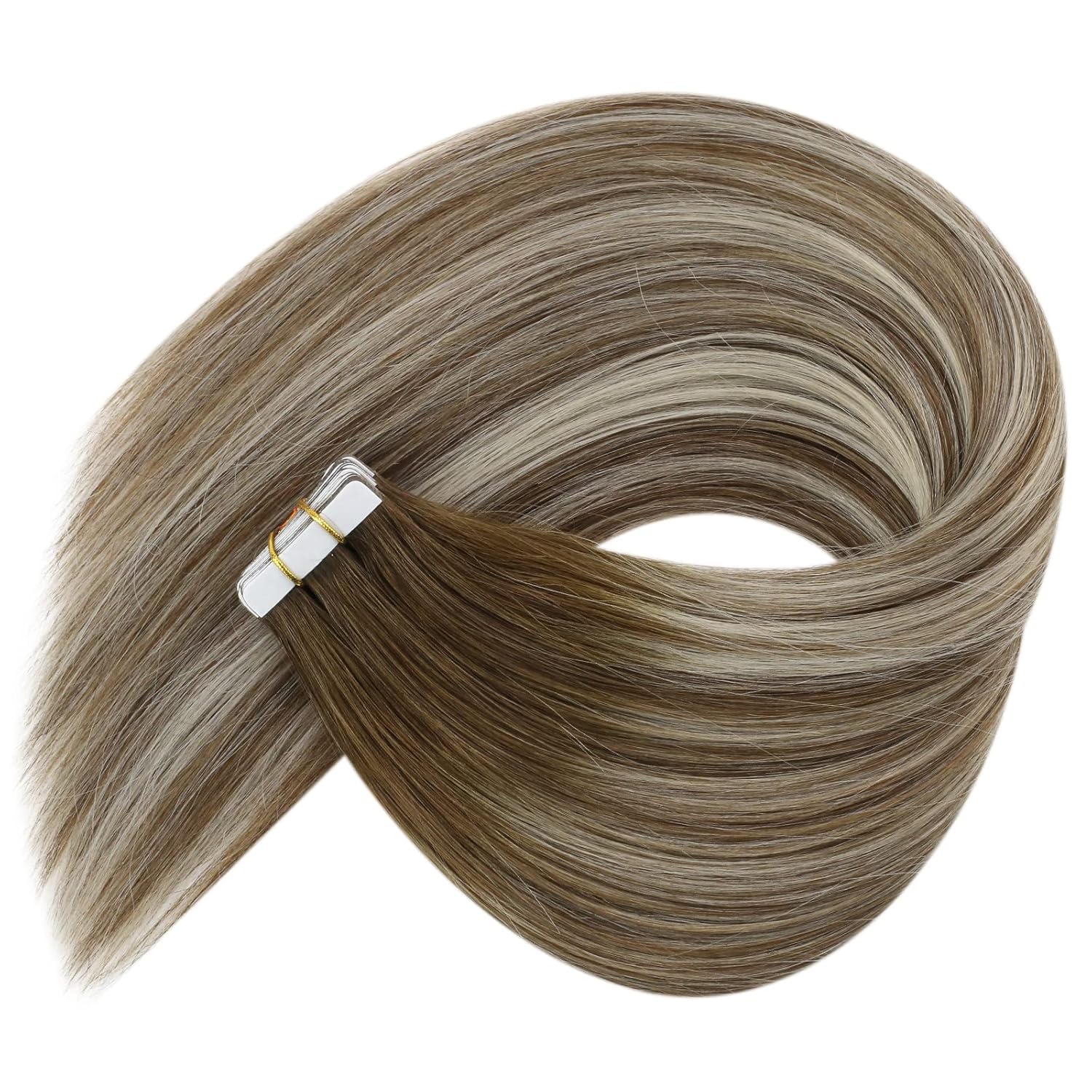 Ve Sunny Extensiones de cabello humano con cinta adhesiva, balayage, color marrón medio, rubio platino y marrón, extensiones de cabello con cinta