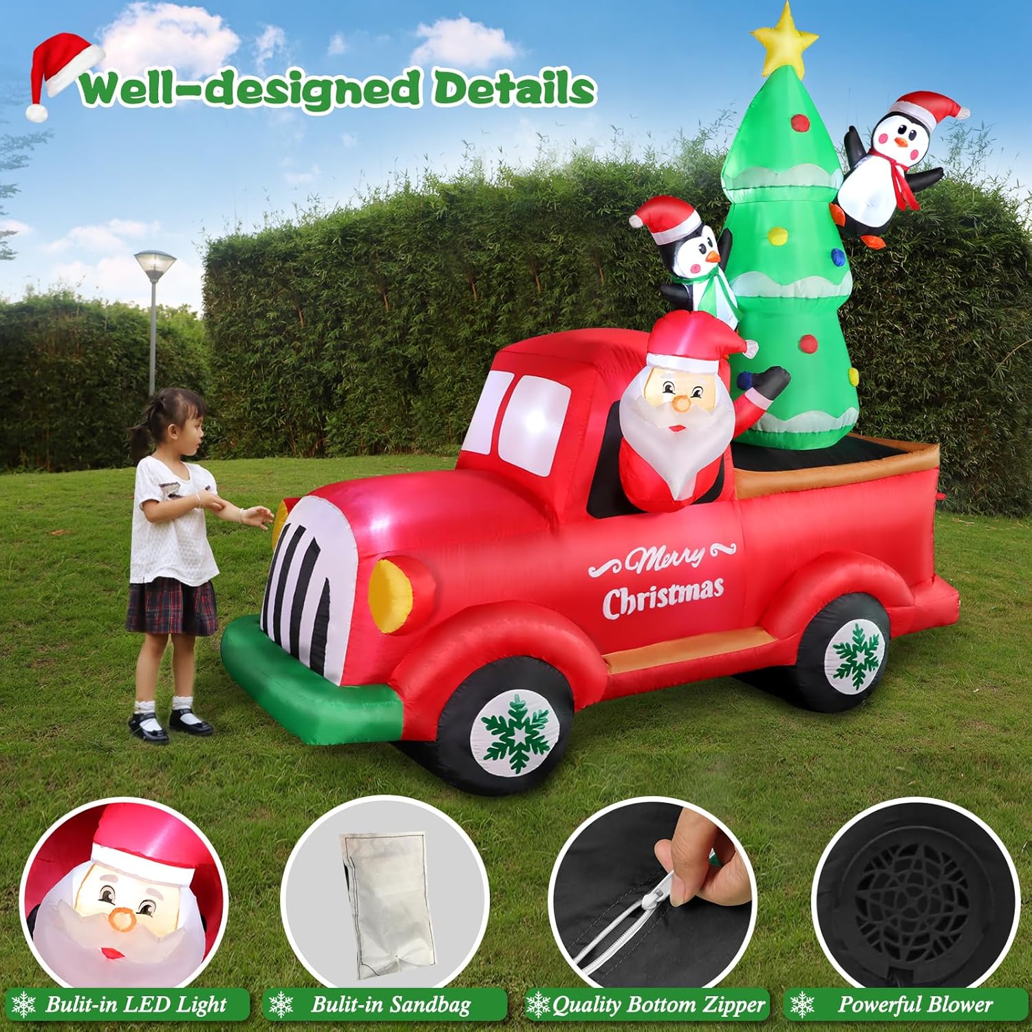 Camión rojo inflable de Papá Noel de 7 pies con árbol de Navidad y pingüinos, decoraciones al aire libre con luces integradas para Navidad,