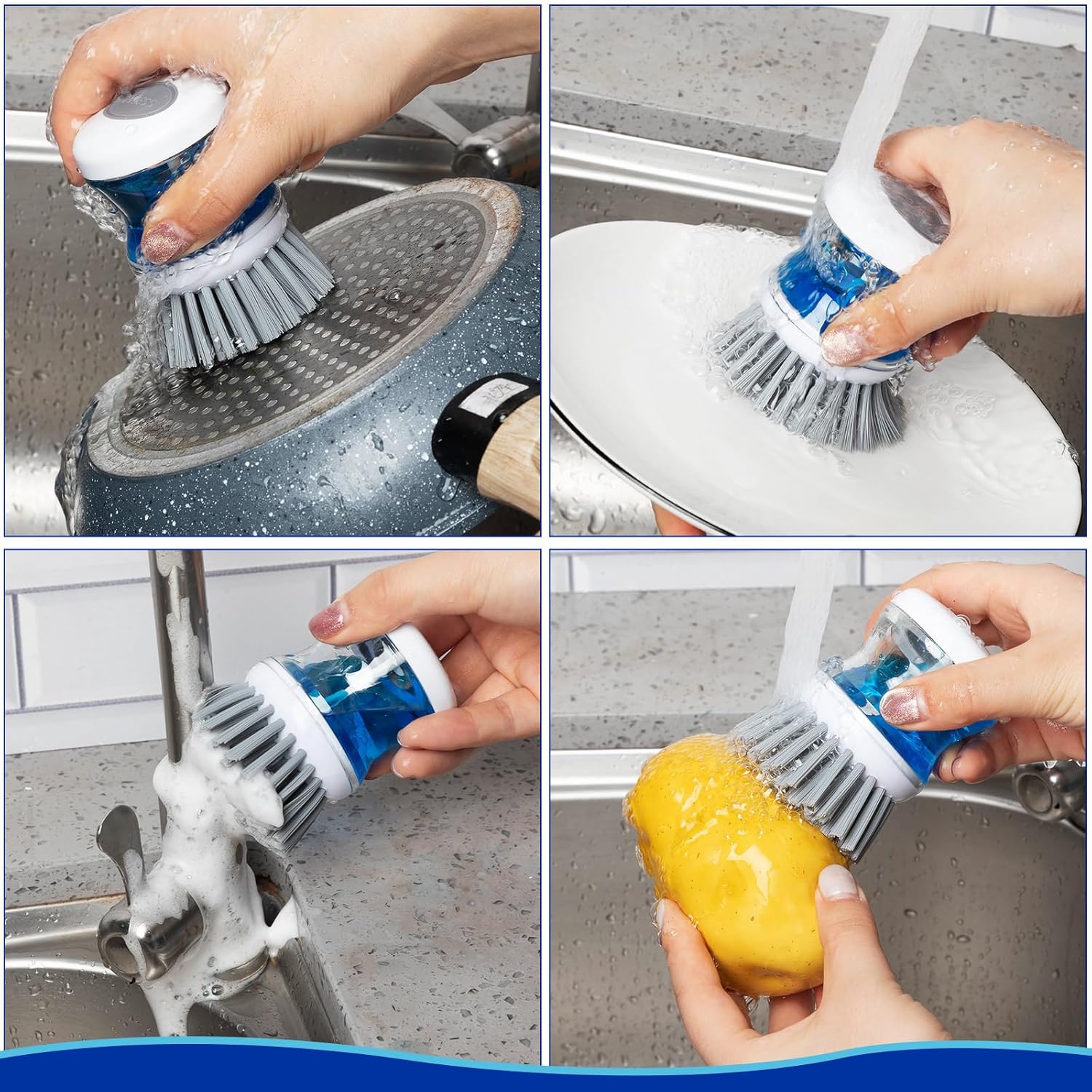 Maxcheck 4 cepillos de platos con dispensador de jabón, cepillo para fregar platos para platos, olla, sartén, fregadero de cocina, lavado (gris)