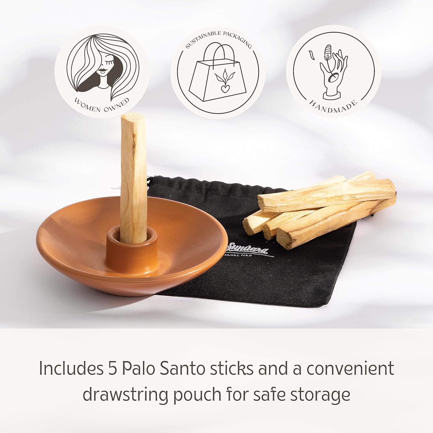 Luna Sundara Auténtico soporte para palitos de Palo Santo de cerámica de Perú y soporte para incienso, incluye 5 palitos de Palo Santo hechos a