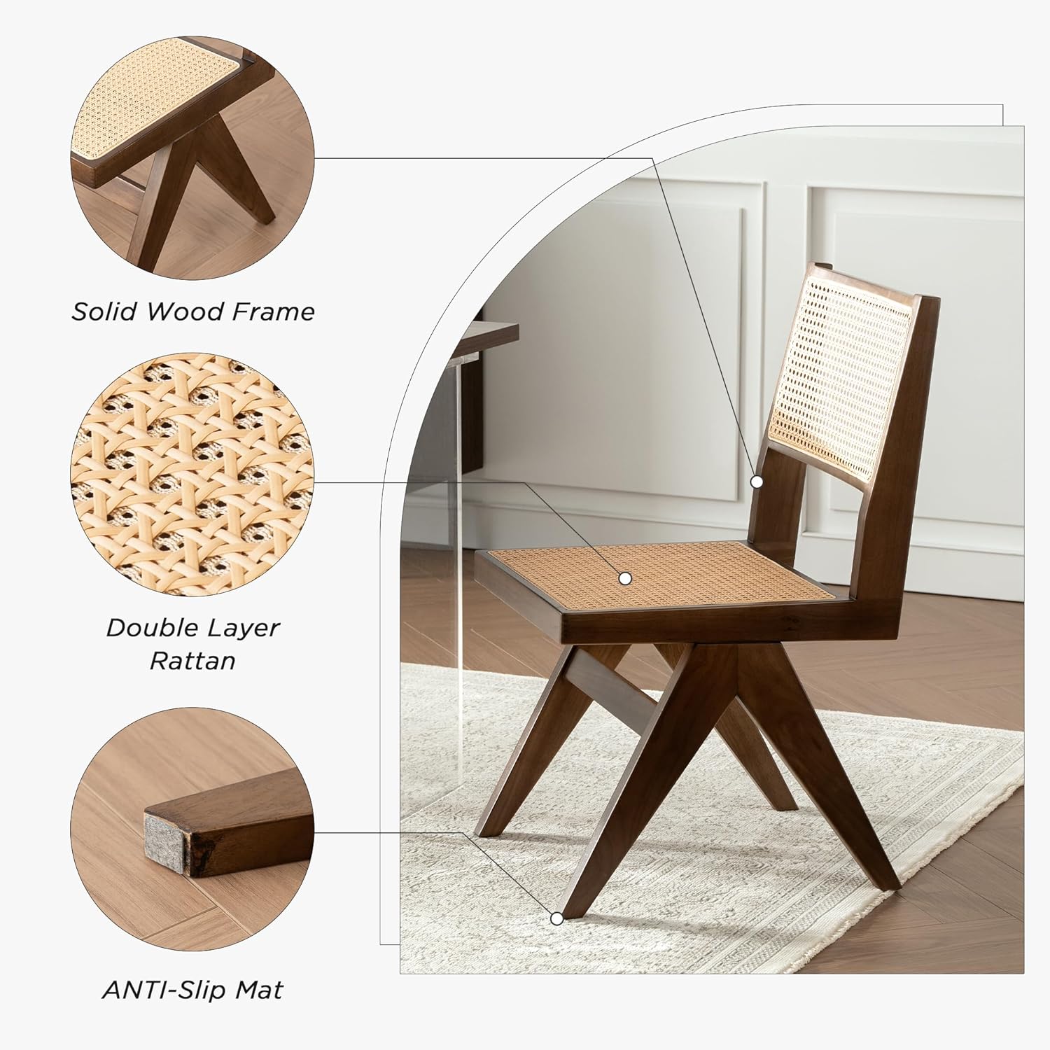 HoeuThien Silla de comedor de ratán de granja, silla auxiliar de madera de mediados de siglo, moderna de mediados de siglo, silla sin brazos de caña