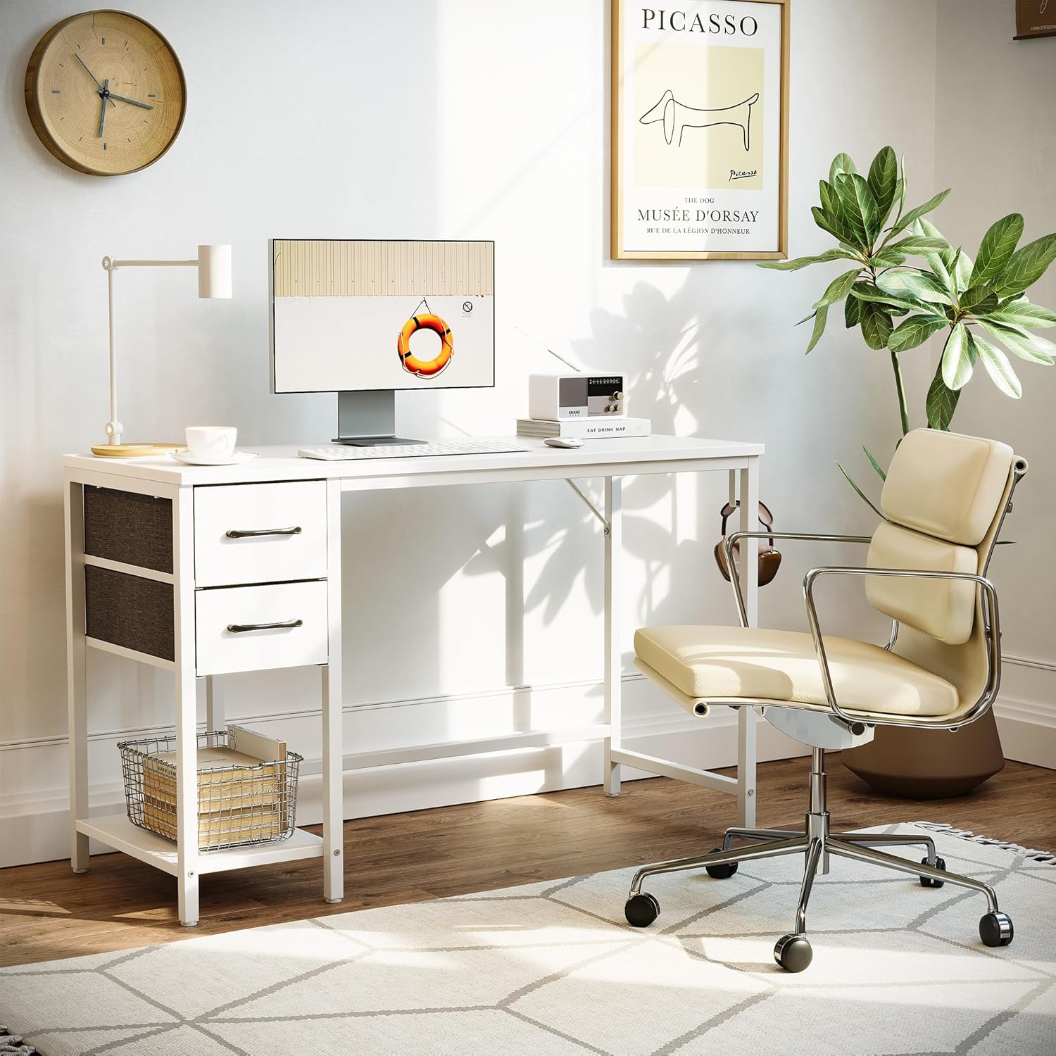 CubiCubi Escritorio de oficina en casa para computadora con 2 cajones, escritorio pequeño blanco de 40 pulgadas, mesa de estudio, escritorio moderno