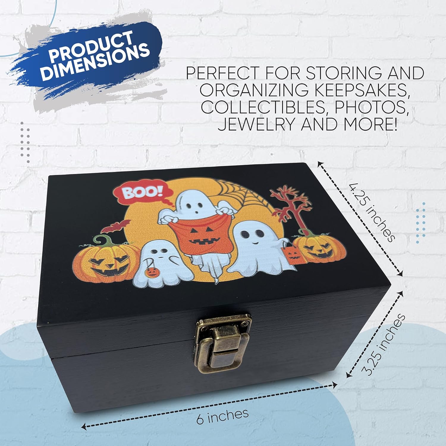 Caja de madera para fiestas o truco o trato, decoración de calabaza y fantasmas felices, caja de memoria para fotos, caja de recuerdo decorativa con