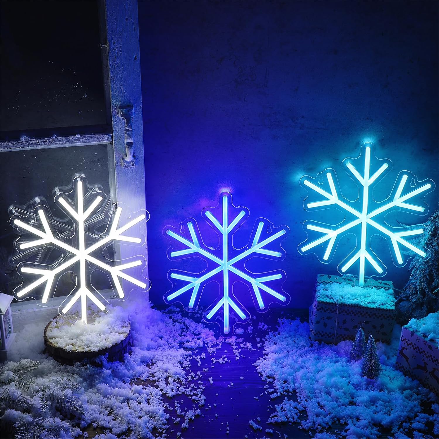 3 letreros de neón de copo de nieve, luces LED de neón de copo de nieve, luces de neón de invierno, barra de pared para ventana, decoración de sala
