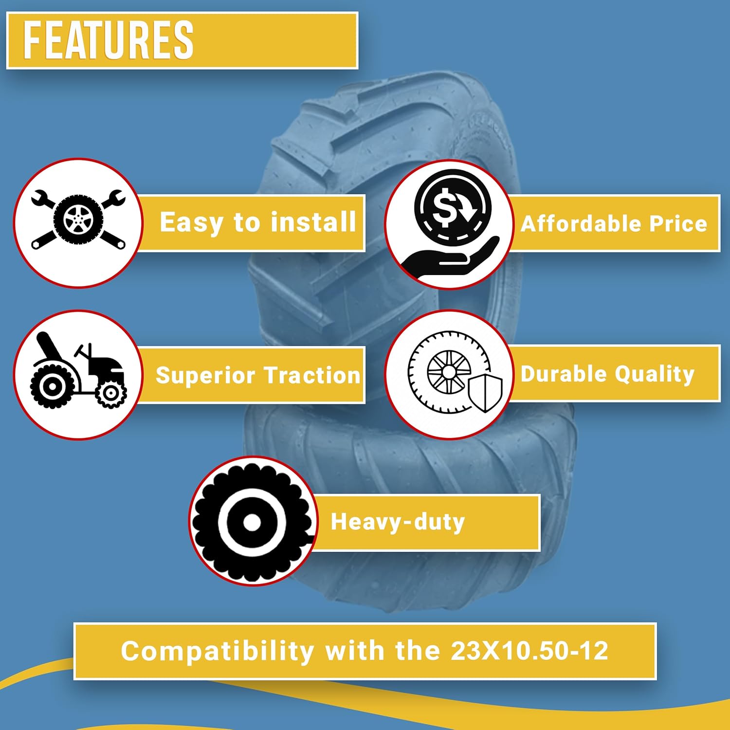 Neumático de tractor de césped R1 de 23 x 10.50 a 12 pulgadas, tracción superior, durabilidad y versatilidad para un rendimiento inigualable en