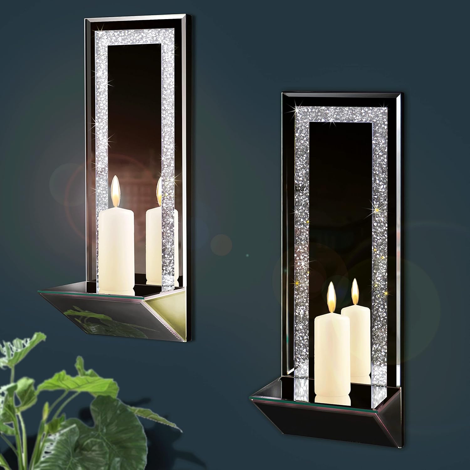GIMORRTO Elegante juego de 2 candelabros de espejo  Elegantes portavelas de pared con diamante triturado de 15 x 5.3 pulgadas para velas de pilar