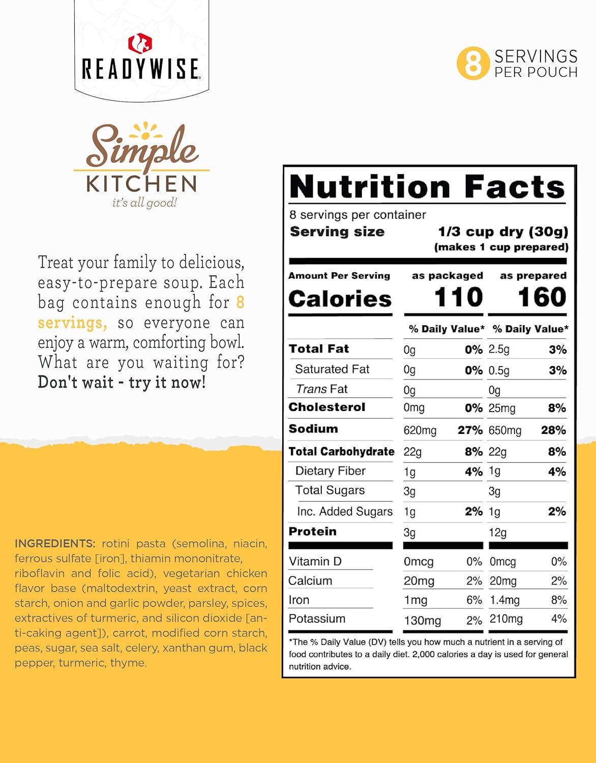 ReadyWise Simple Kitchen – Mezcla de sopa, fideos de pollo con sabor a pollo, 8 porciones, paquete de 6