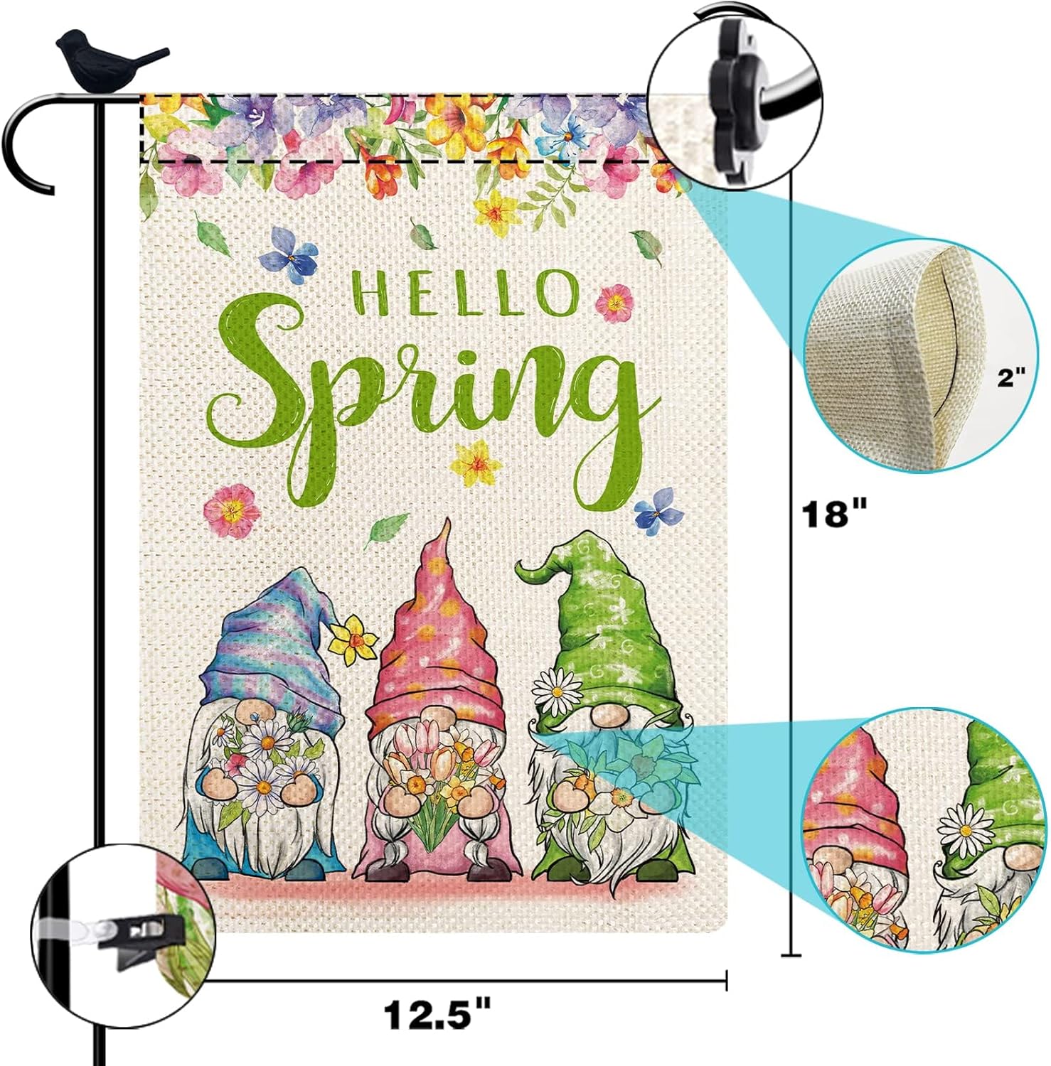 Juego de 4 banderas de jardín de temporada, diseño de Hello Spring, verano, otoño, invierno, tres gnomos, arpillera, banderas de patio con impresión