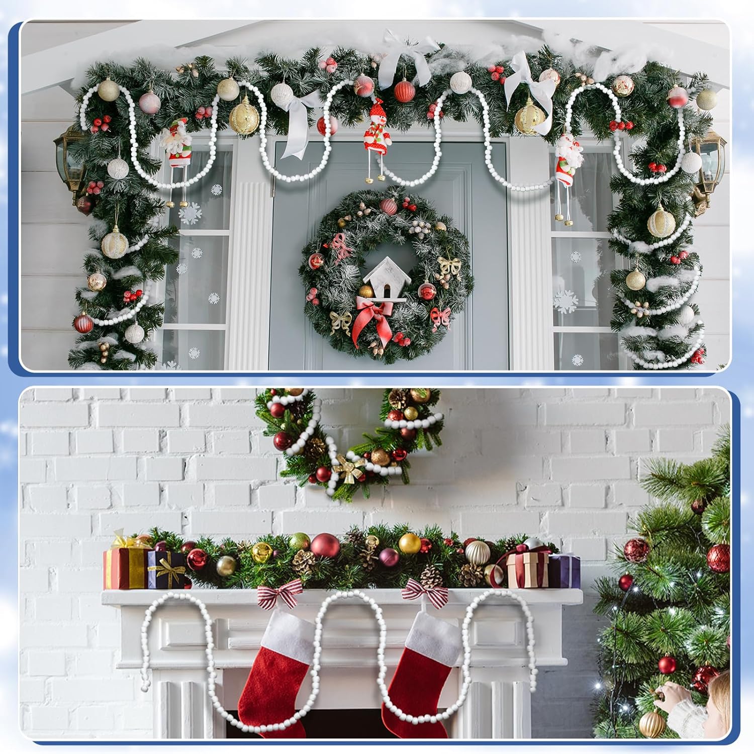 WILLBOND Guirnalda de cuentas de madera de Navidad de 29.5 pies, 3 piezas, guirnalda de cuentas redondas para Navidad y decoraciones navideñas