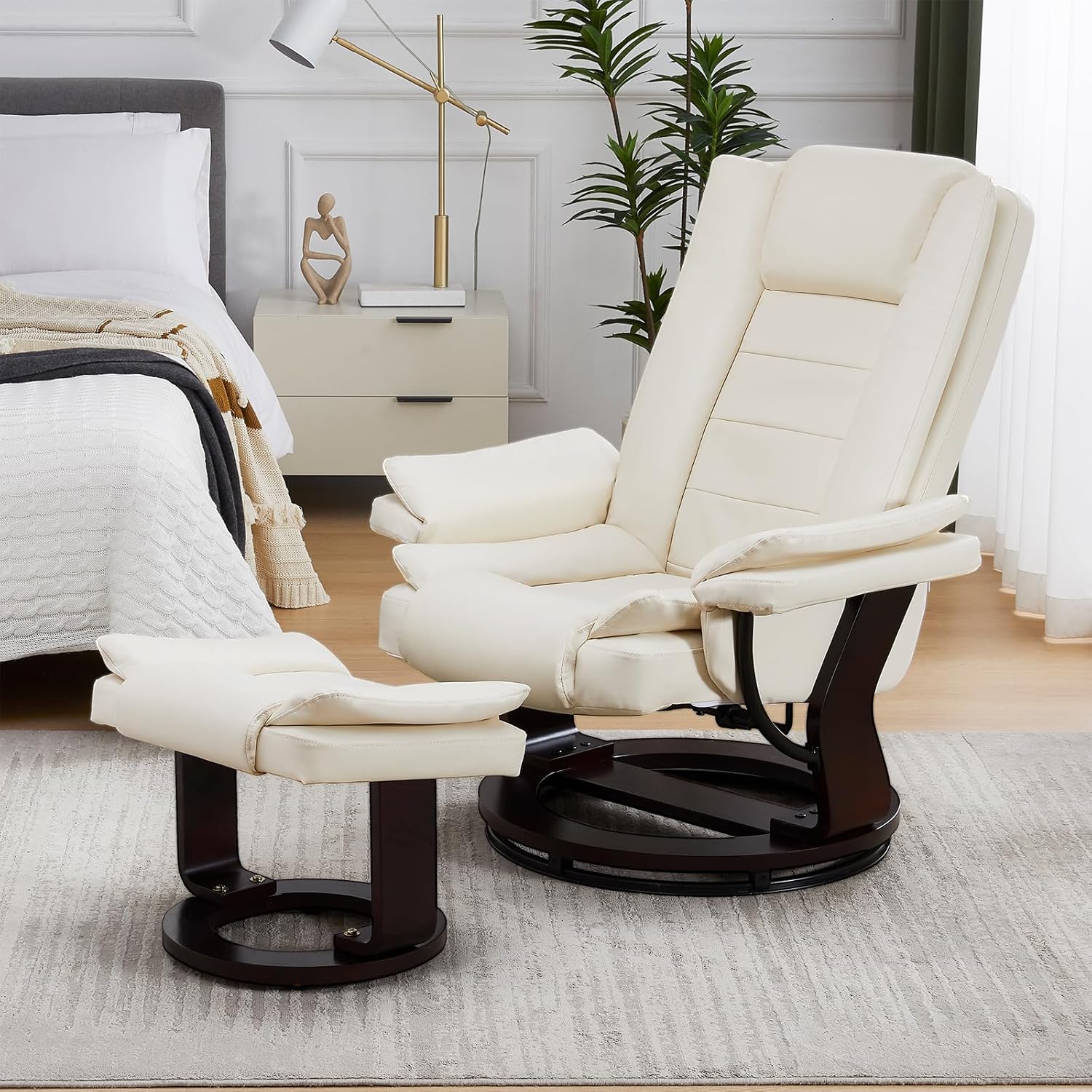 Silla reclinable con otomana giratoria de 360 grados de piel, con reposapiés, silla decorativa de cuero con base de madera para dormitorio, sala de