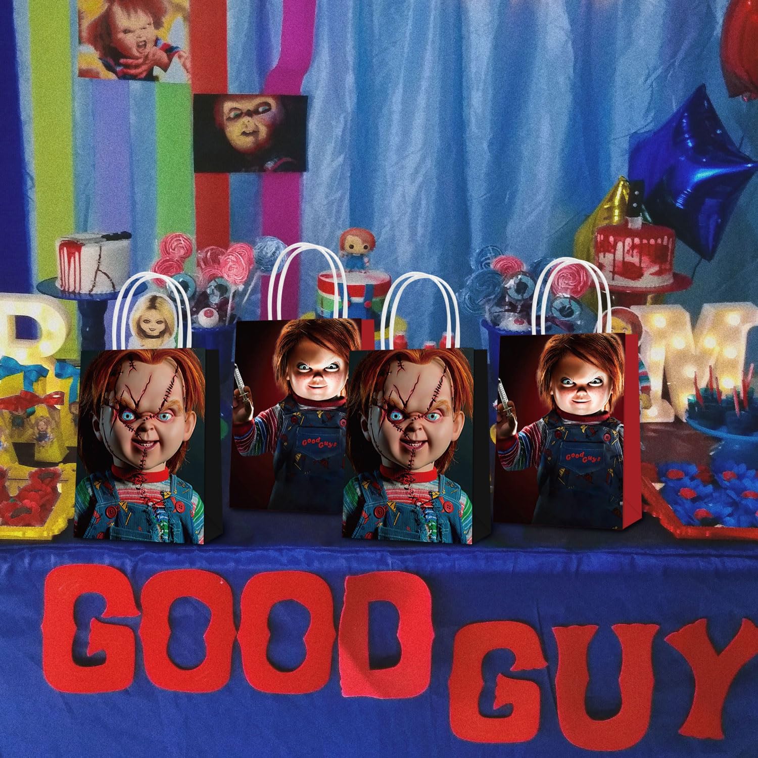 Chucky – 16 bolsas de regalo de papel para fiesta, 2 estilos, bolsas de recuerdo de fiesta con asas para decoraciones de fiesta de Chucky, bolsas de