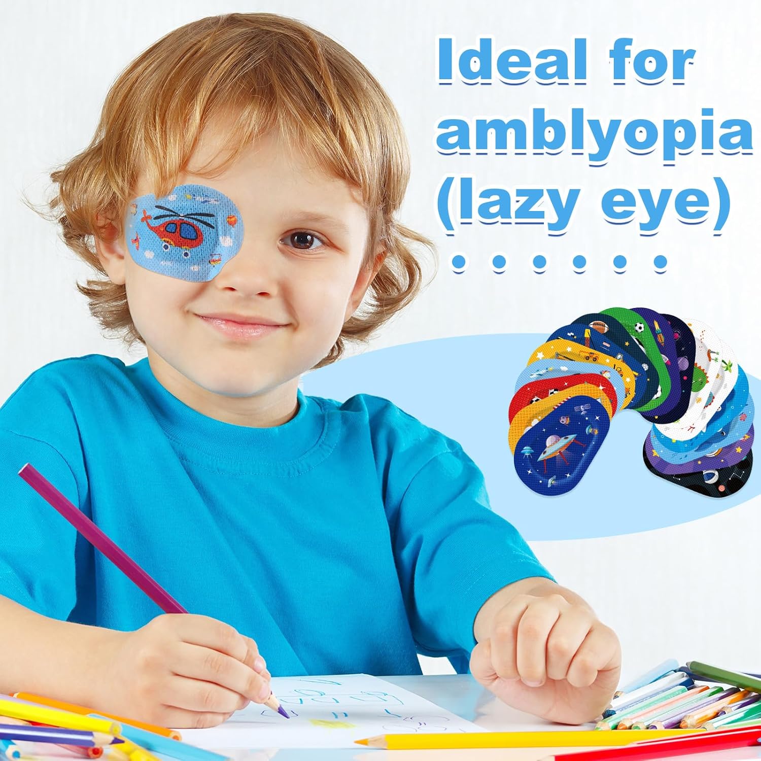 Panitay Parches adhesivos para los ojos para niños, 16 estilos de bloqueo de luz, bonitos diseños, vendajes adhesivos de algodón para niños y niñas