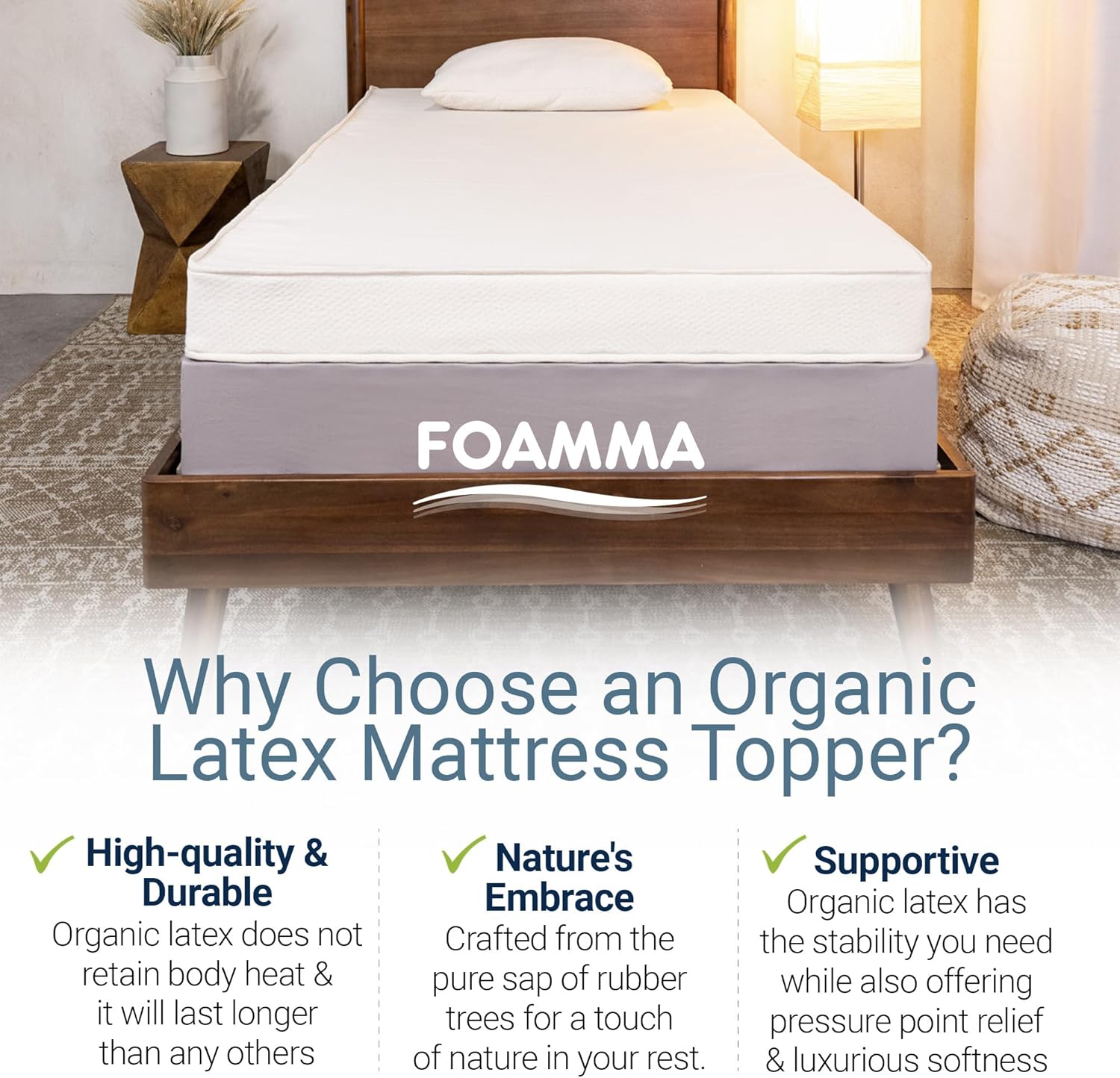 Foamma Cubrecolchón de látex orgánico tamaño individual con funda de cremallera de algodón 100% orgánico, duradero, refrescante y transpirable,