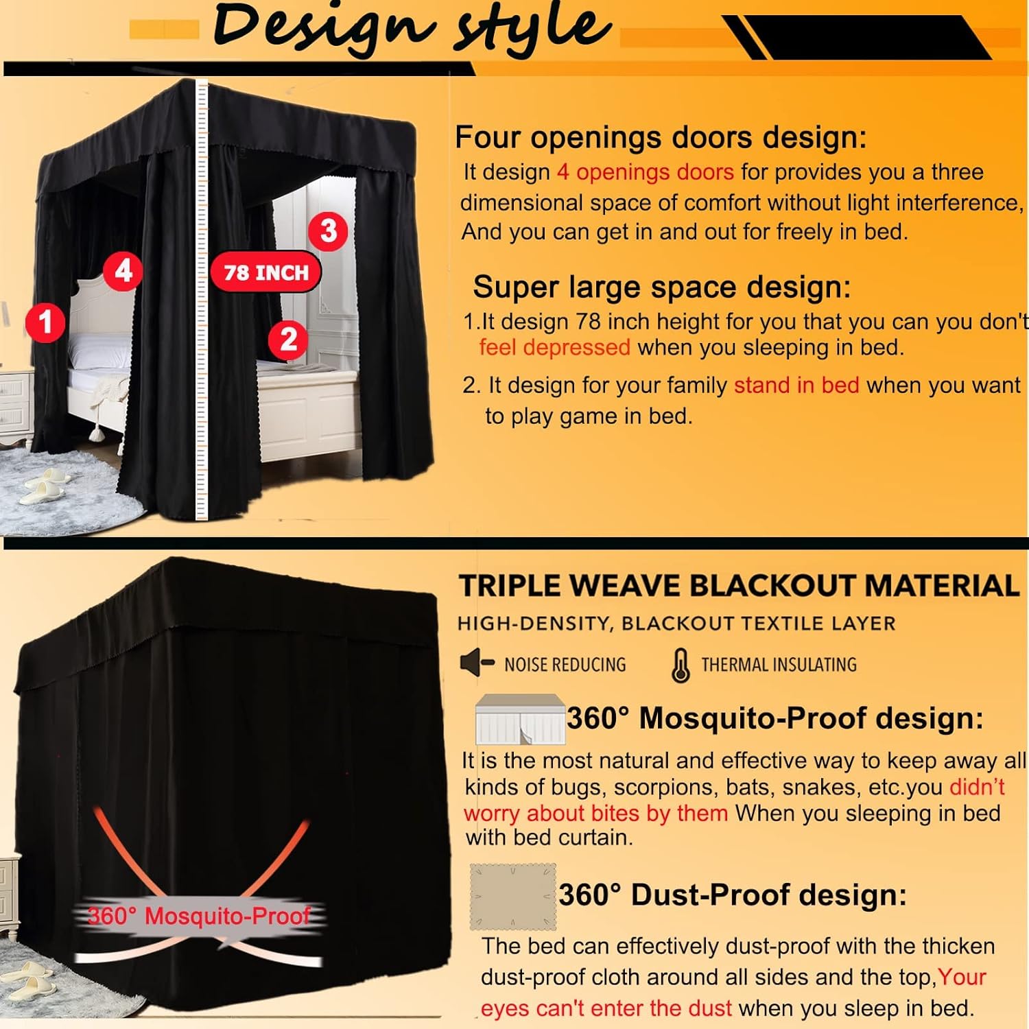 Obokidly – Mosquitera de color negro o 4 esquineros para cama o dormitorio de decoración para adultos y niñas, toldos para niños