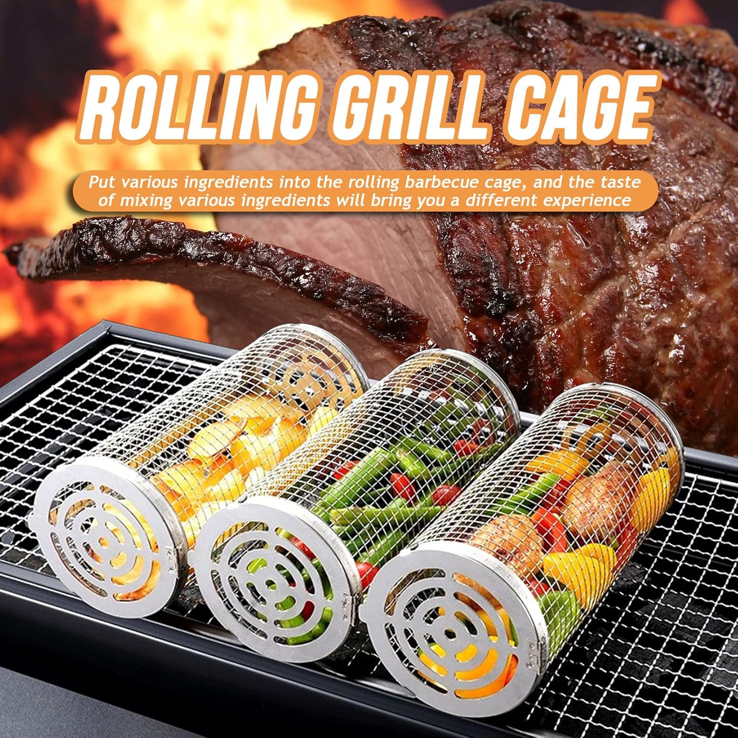 2 cestas de parrilla enrollables para verduras al aire libre, accesorios de cocina al aire libre, tina de preparación de barbacoa, malla de acero