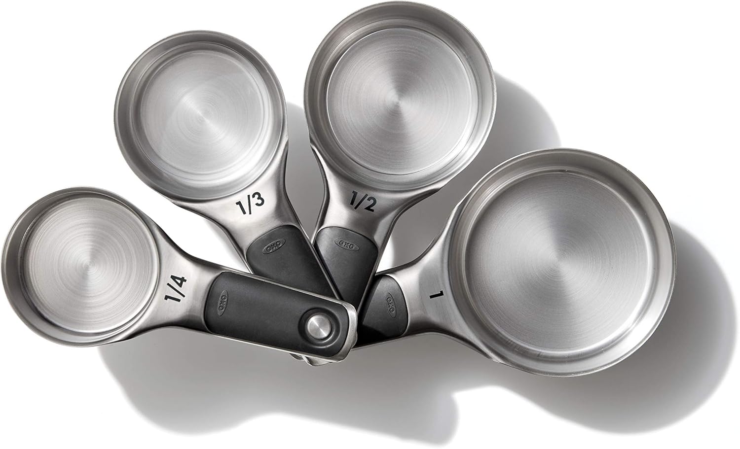 OXO Good Grips – Juego de cuencos de acero inoxidable de 3 piezas, color azulgris, 4.7L y Good Grips 4 tazas medidoras de acero inoxidable con
