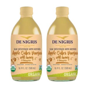 De Nigris Vinagre de sidra de manzana orgánico con miel y cúrcuma, crudo y sin filtrar 16,9 onzas (paquete de 2)  Vinagre de sidra de manzana con De Nigris Vinagre de sidra de manzana orgánico con miel y cúrcuma, crudo y sin filtrar 16,9 onzas (paquete de 2)  Vinagre de sidra de manzana con