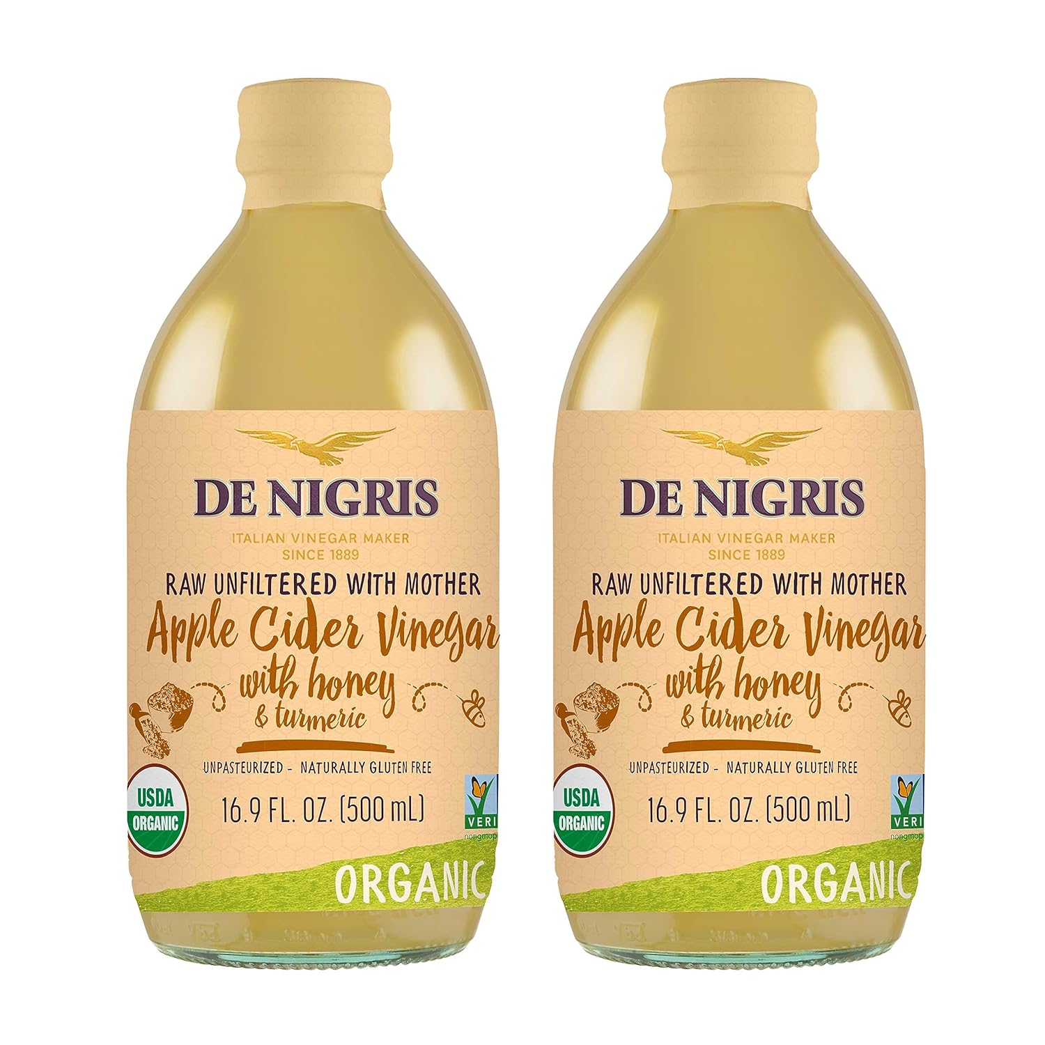 De Nigris Vinagre de sidra de manzana orgánico con miel y cúrcuma, crudo y sin filtrar 16,9 onzas (paquete de 2)  Vinagre de sidra de manzana con