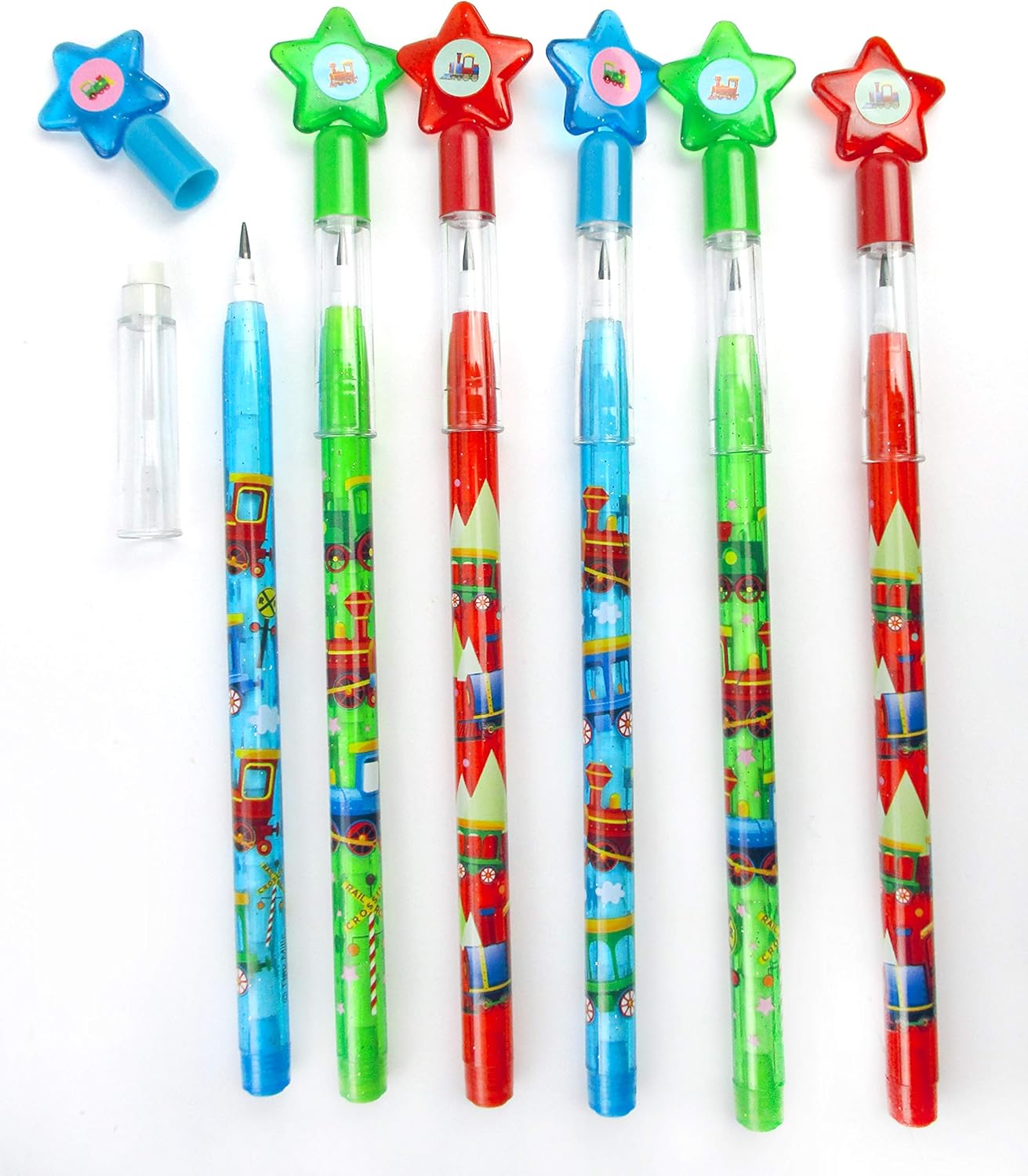 TINYMILLS Juego de 24 lápices apilables de tren multipunto con borrador para tren, fiesta de cumpleaños, premio, carnaval, bolsas de regalo,