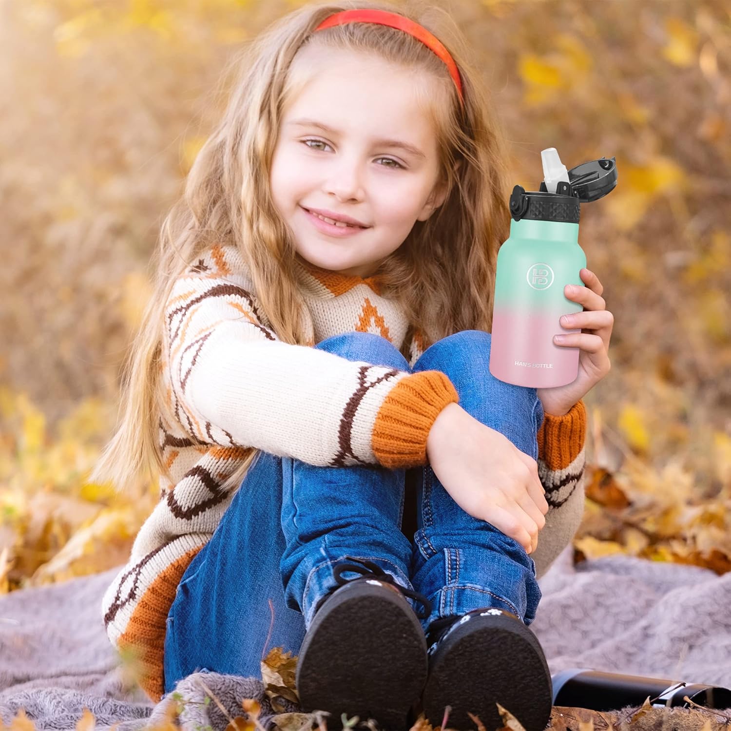 Han’s Bottle Botella de agua para niños con tapa con pajilla, vaso reutilizable de acero inoxidable aislado para niños pequeños, niñas, niños, taza