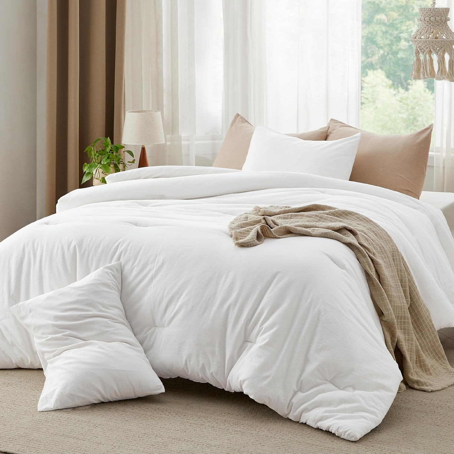 Bedsure Juego de edredón King  Tela de algodón con relleno interior de microfibra, edredón blanco tamaño King para todas las estaciones, 3 piezas, 1