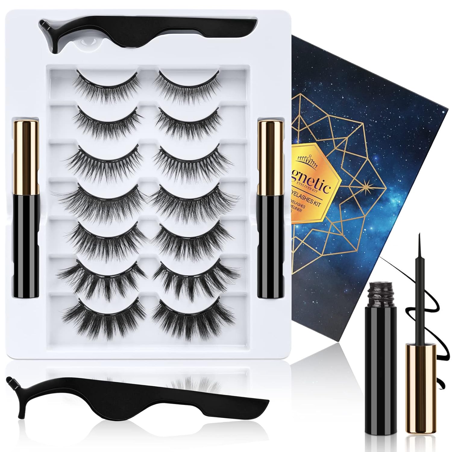 Pestañas magnéticas y delineador de ojos, 7 pares de pestañas magnéticas falsas reutilizables con 2 tubos, delineador líquido magnético impermeable