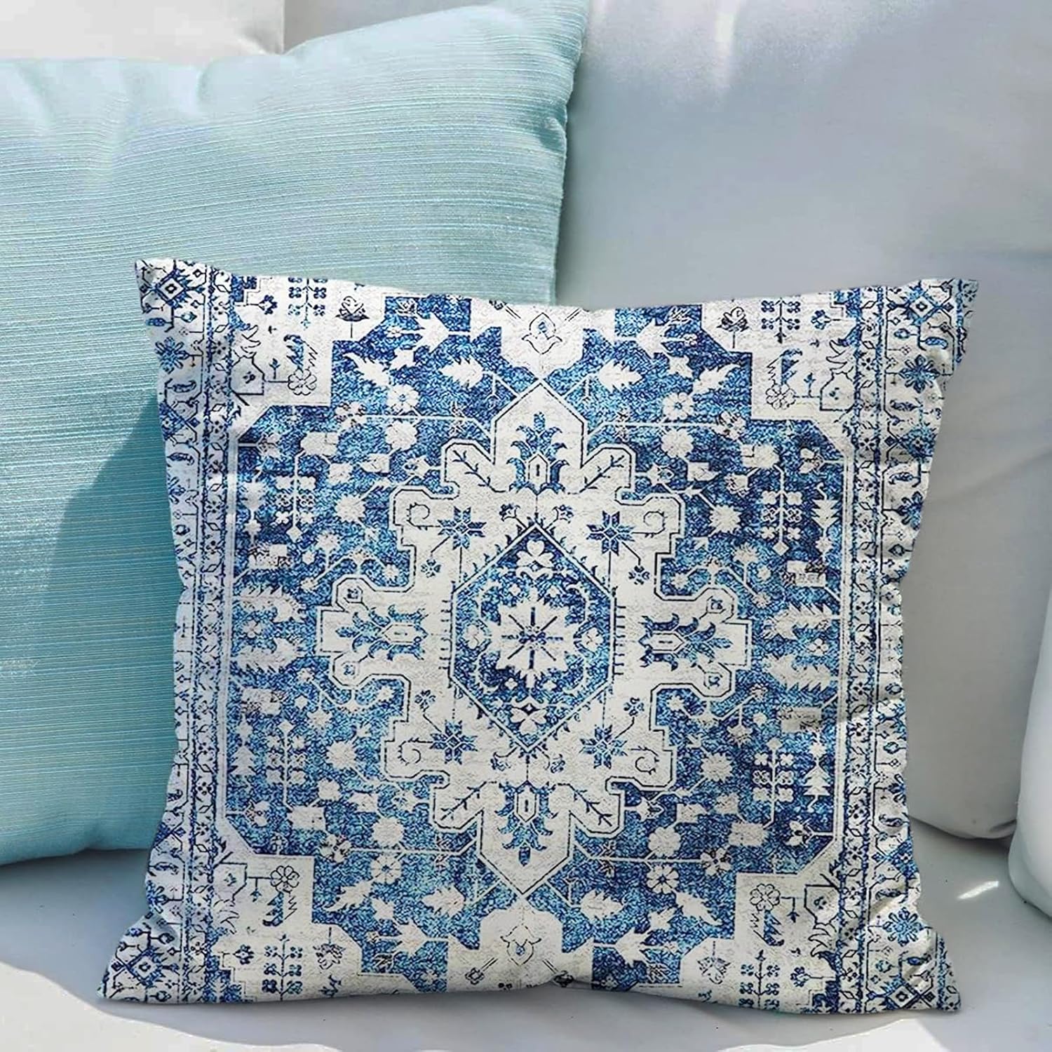 Snycler Juego de 2 fundas de cojín bohemias de 24 x 24 pulgadas, alfombra azul de Mónaco, alfombra persa de doble cara, de algodón, suave, fundas de