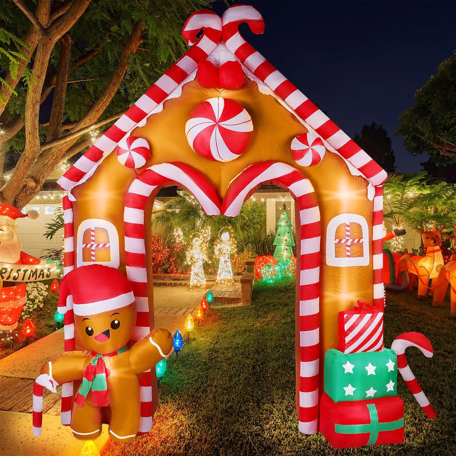 Casa de jengibre inflable de Navidad de 10 pies, arco, hombre de jengibre, decoración de galleta y bastón de caramelo con luces LED, juego para