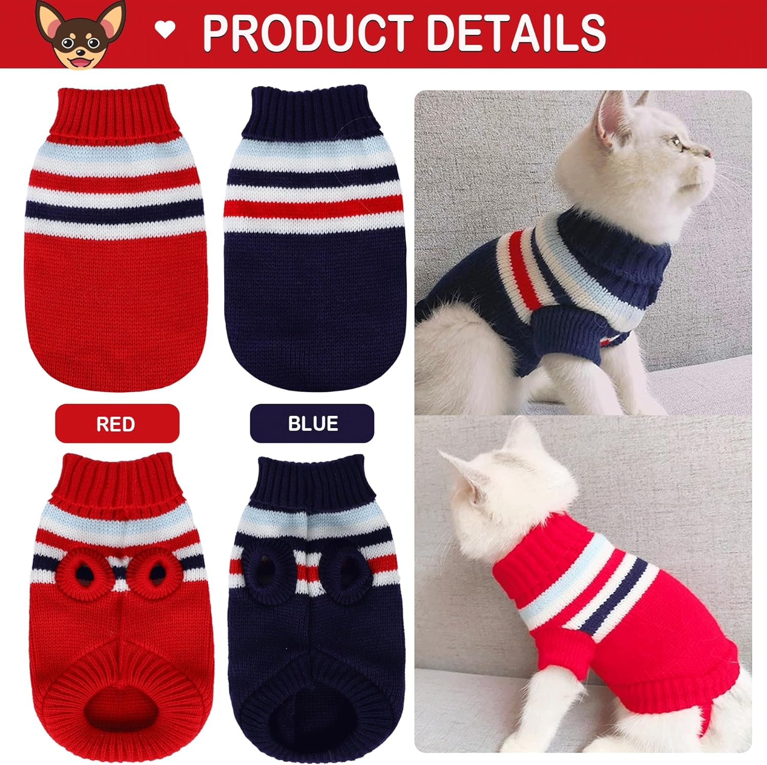 Suéter de punto a rayas para perro, ropa de invierno para perros pequeños, suéter de chihuahua, suéteres cálidos de invierno para cachorros, suéter