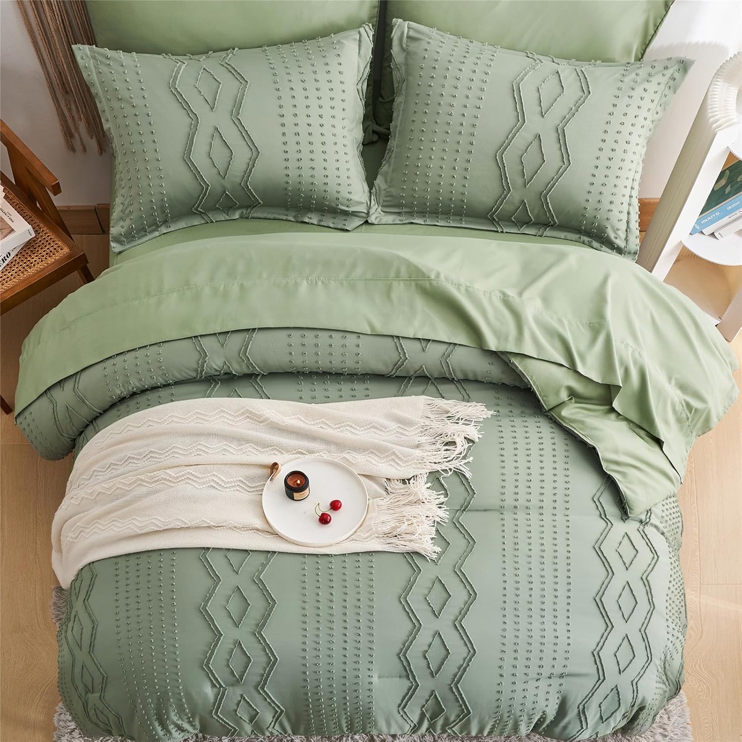 sponwilar Juego de edredón tamaño King de 7 piezas de ropa de cama bohemia en una bolsa, juego de ropa de cama con textura geométrica, juego de ropa