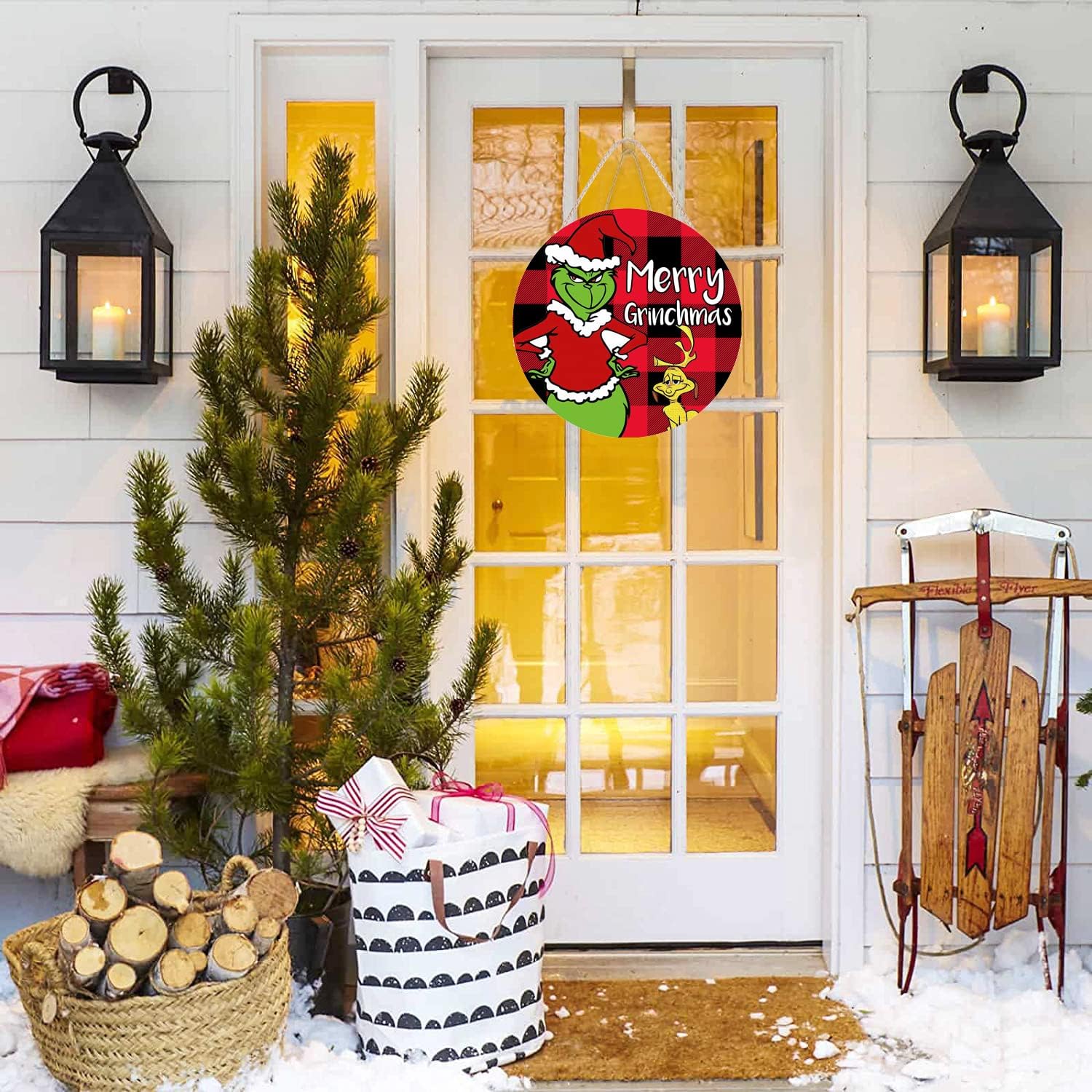 Corona de Navidad, corona de Feliz Grinchmas para puerta delantera, decoraciones de Navidad, letreros de puerta de madera, decoración del hogar para