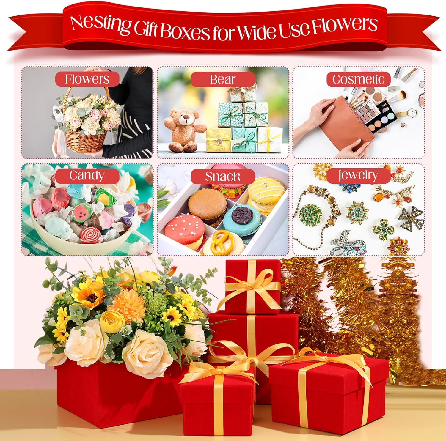 Mifoci Paquete de 5 cajas de regalo anidables para el Día de la Madre con tapas, cinta, terciopelo, arreglos cuadrados, flores, caja de regalo de 5