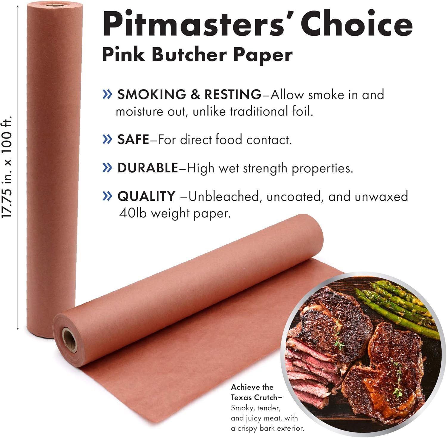 Paper Pro – Rollo de papel de carnicero rosa (24 pulgadas x 175 pies), sin blanquear, sin encerar y sin recubrimiento para ahumar y descansar carne,