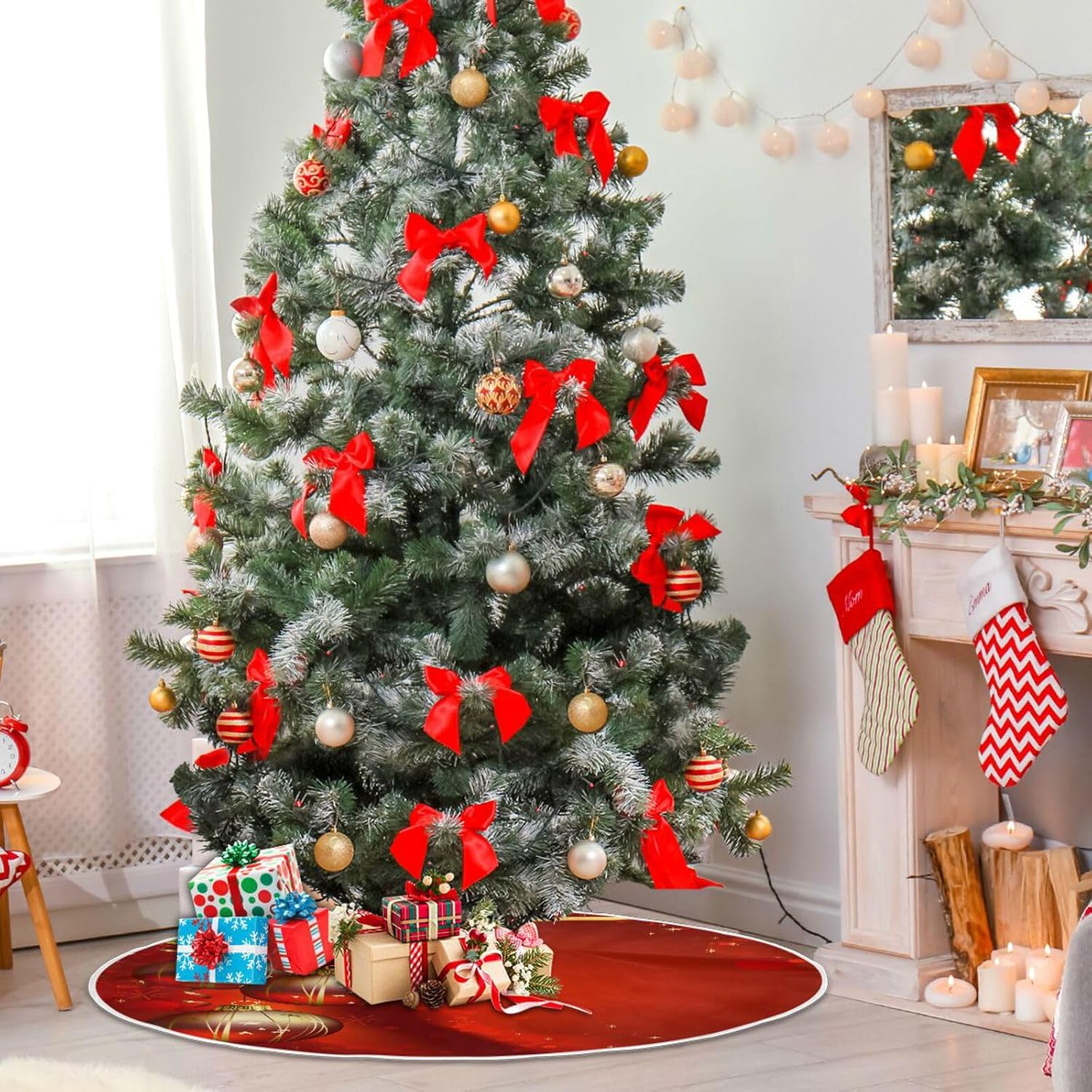 KEEPREAL Falda de árbol de Navidad con tres bolas brillantes, decoración de Halloween, falda redonda grande para árbol de 35.4 pulgadas