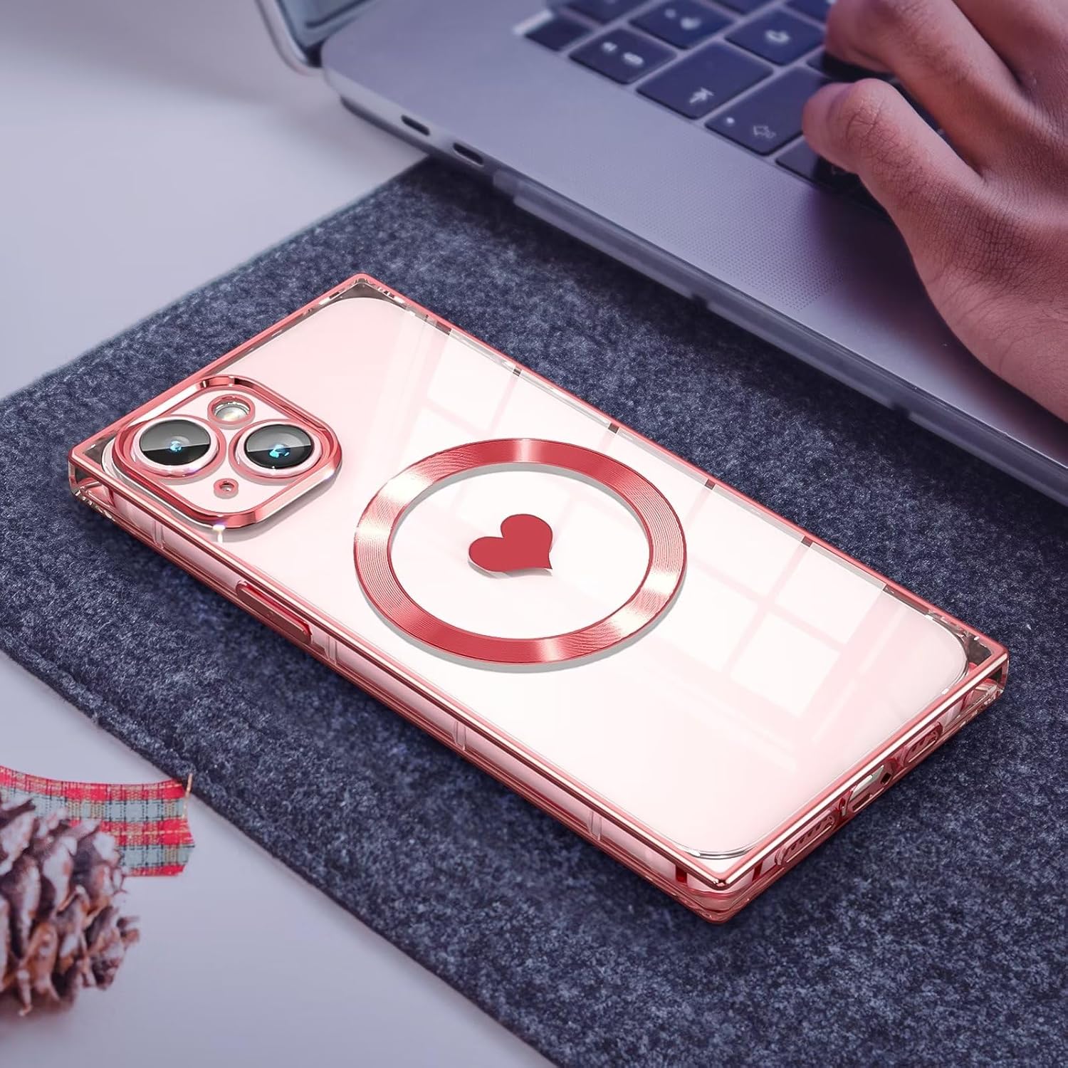 Funda magnética cuadrada para iPhone 15 Plus compatible con MagSafe protección completa de la lente, patrón de corazón lindo y cubierta brillante