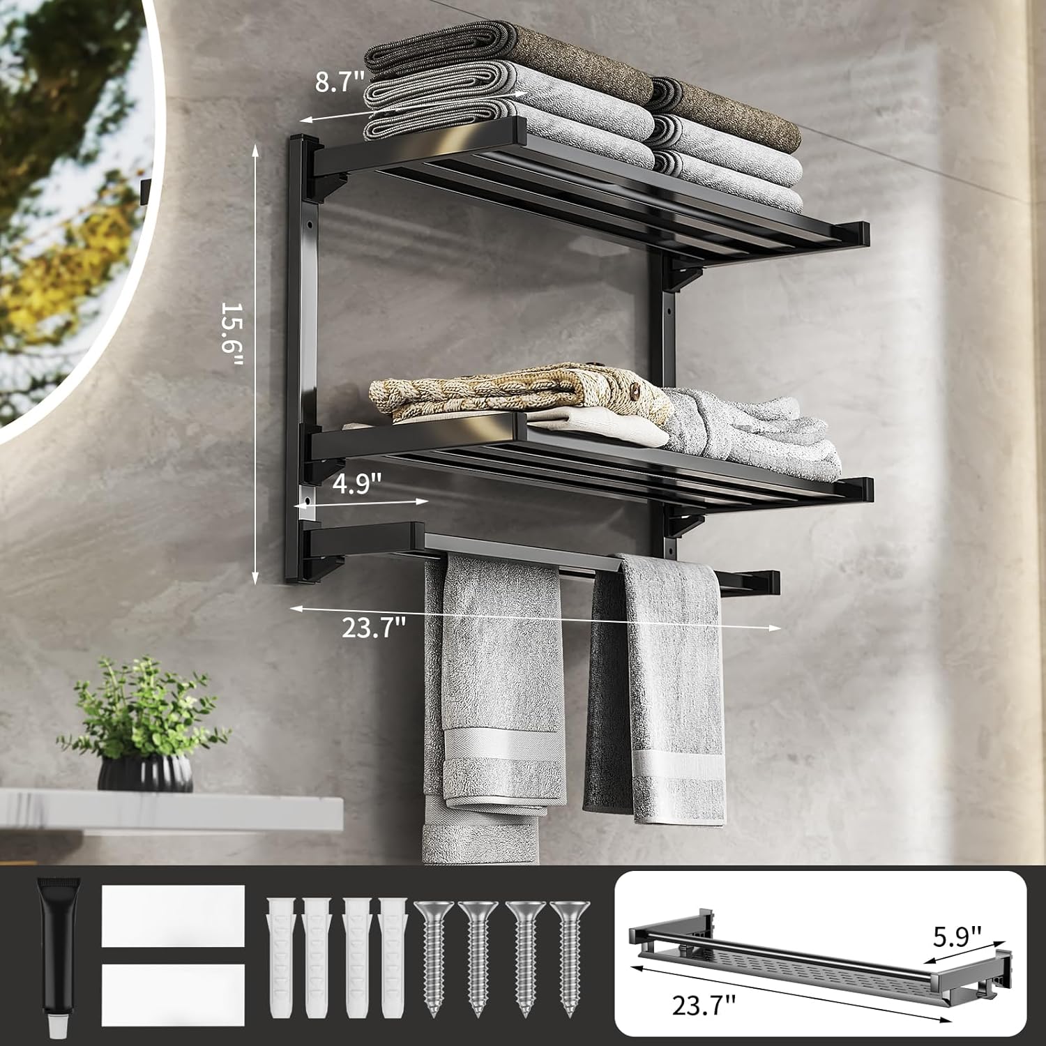 Toallero de 24 pulgadas para baño, toallero de 3 niveles con estante de almacenamiento desmontable, estante de toallas de baño con doble toallero,