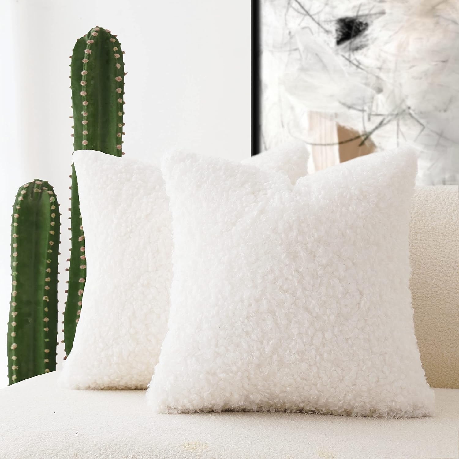 Foindtower 2 fundas de almohada de piel sintética de 20 x 20 pulgadas, color blanco, fundas de almohada de sherpa mullidas, fundas de almohada