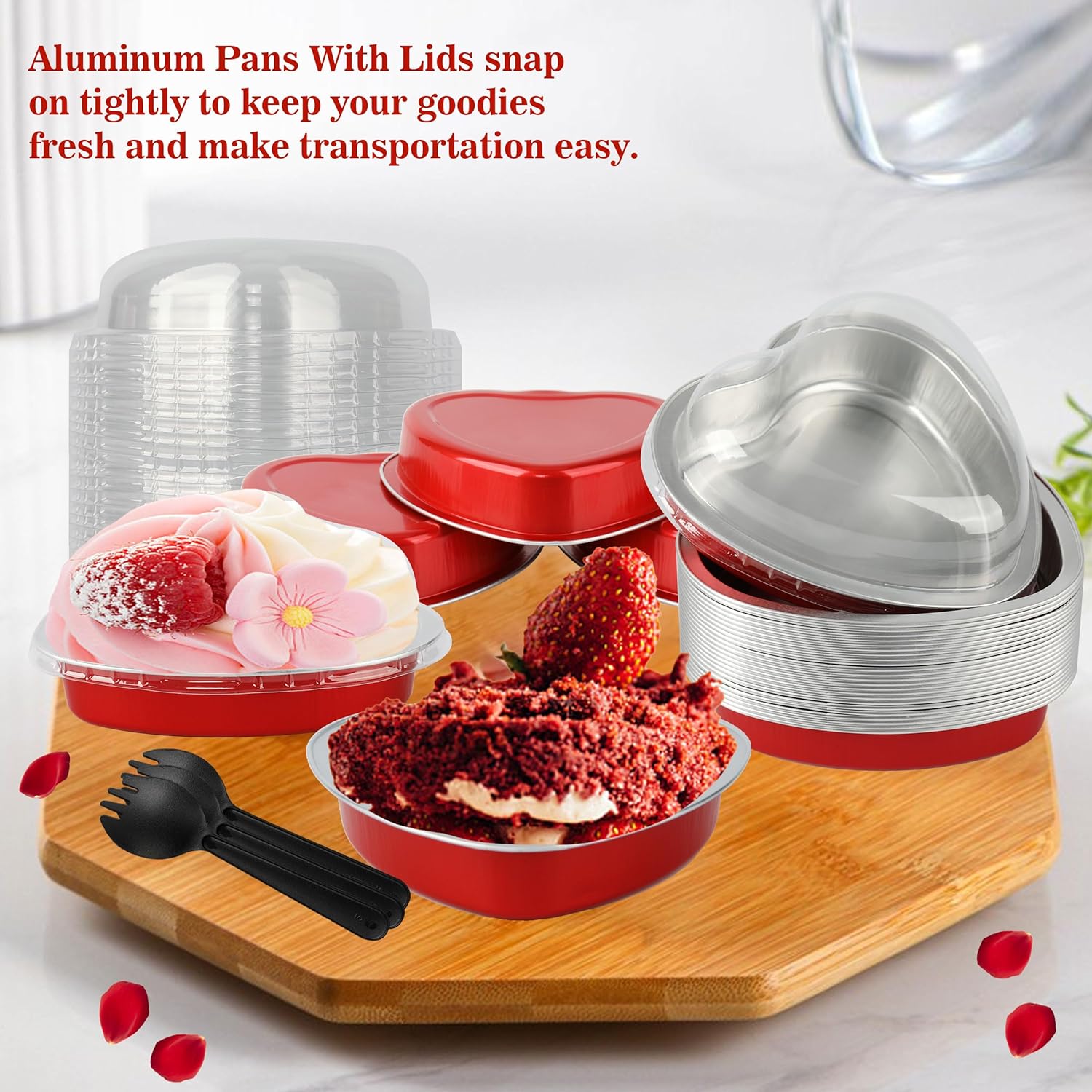 Sartenes de aluminio con tapa de corazón, 30 forros para cupcakes de 8.5 onzas con tapas, tazas desechables de papel de aluminio para pasteles con