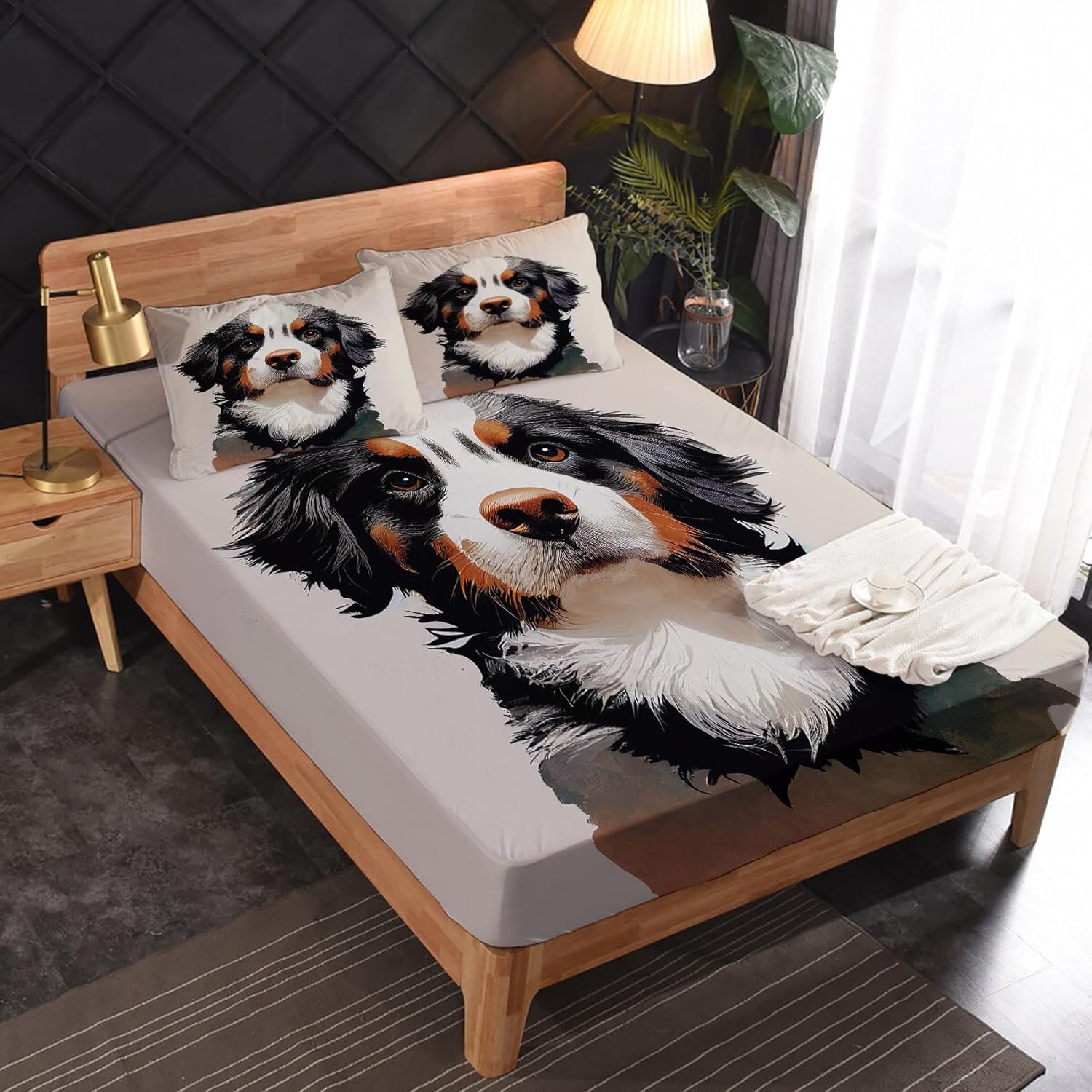 Sábanas de perro de montaña bernés tamaño Queen  Sábanas de microfibra suave y bolsillo profundo y sábanas estampadas sin arrugas, 4 piezas (1