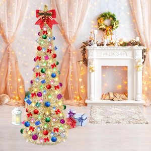 Árbol de Navidad desplegable, árbol de Navidad plegable de 5 pies con 30 luces LED multicolor, árbol de Navidad con bola de lazo, caja de regalo Árbol de Navidad desplegable, árbol de Navidad plegable de 5 pies con 30 luces LED multicolor, árbol de Navidad con bola de lazo, caja de regalo