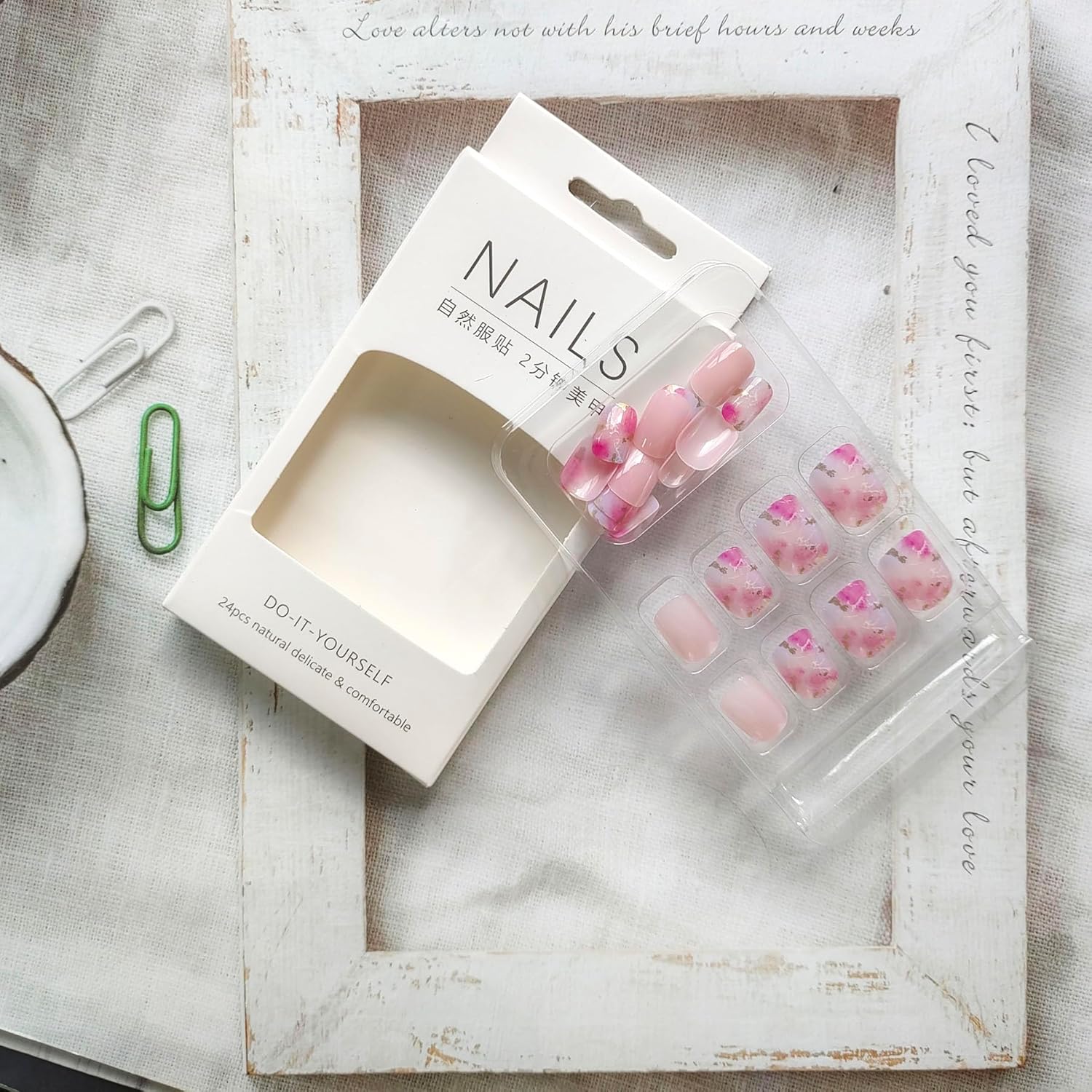 Uñas postizas cortas a presión, cuadradas, con diseño de flor de cerezo, rosa, degradado, con diseños de lámina dorada, romántica puesta de sol por