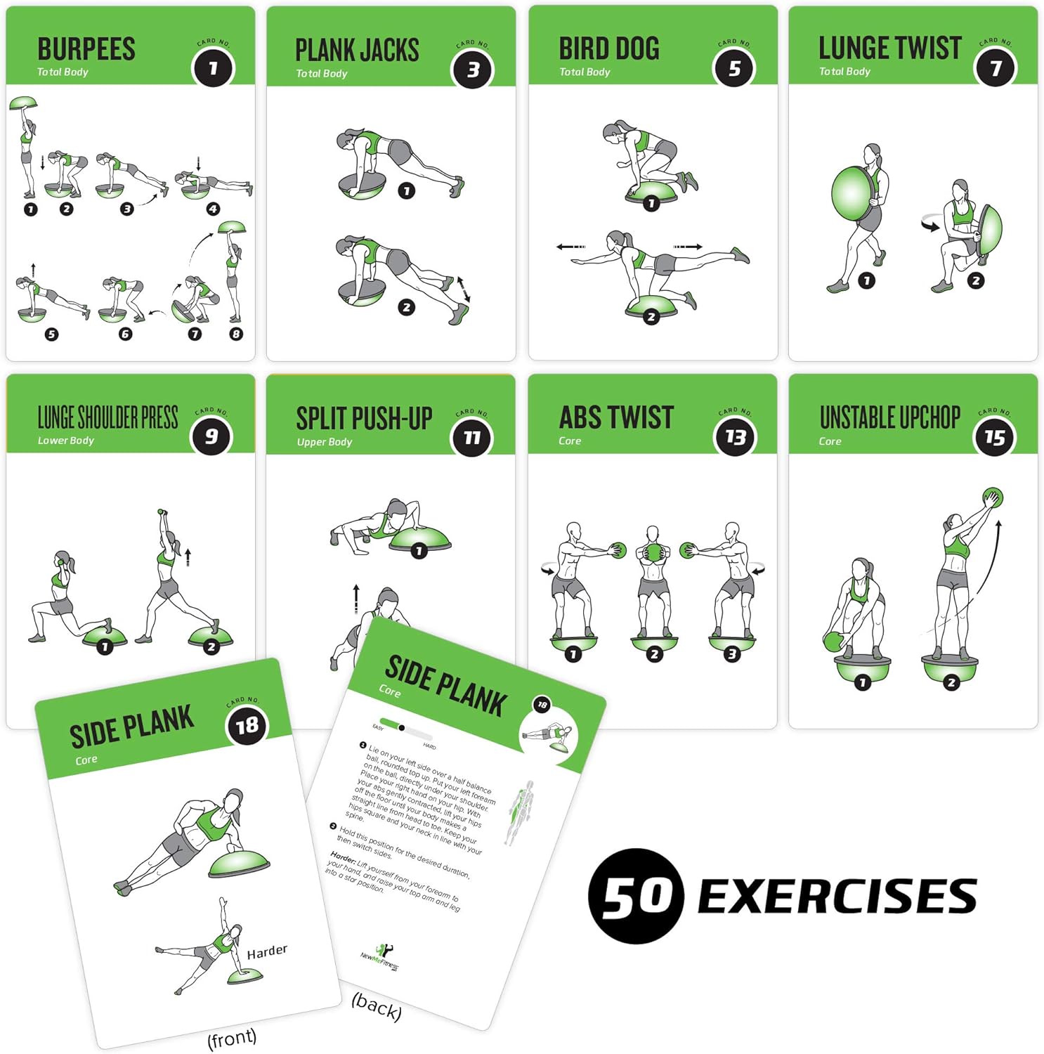 NewMe Fitness Tarjetas de entrenamiento con media pelota de equilibrio  Baraja de instrucciones de entrenamiento para mujeres y hombres, guía de